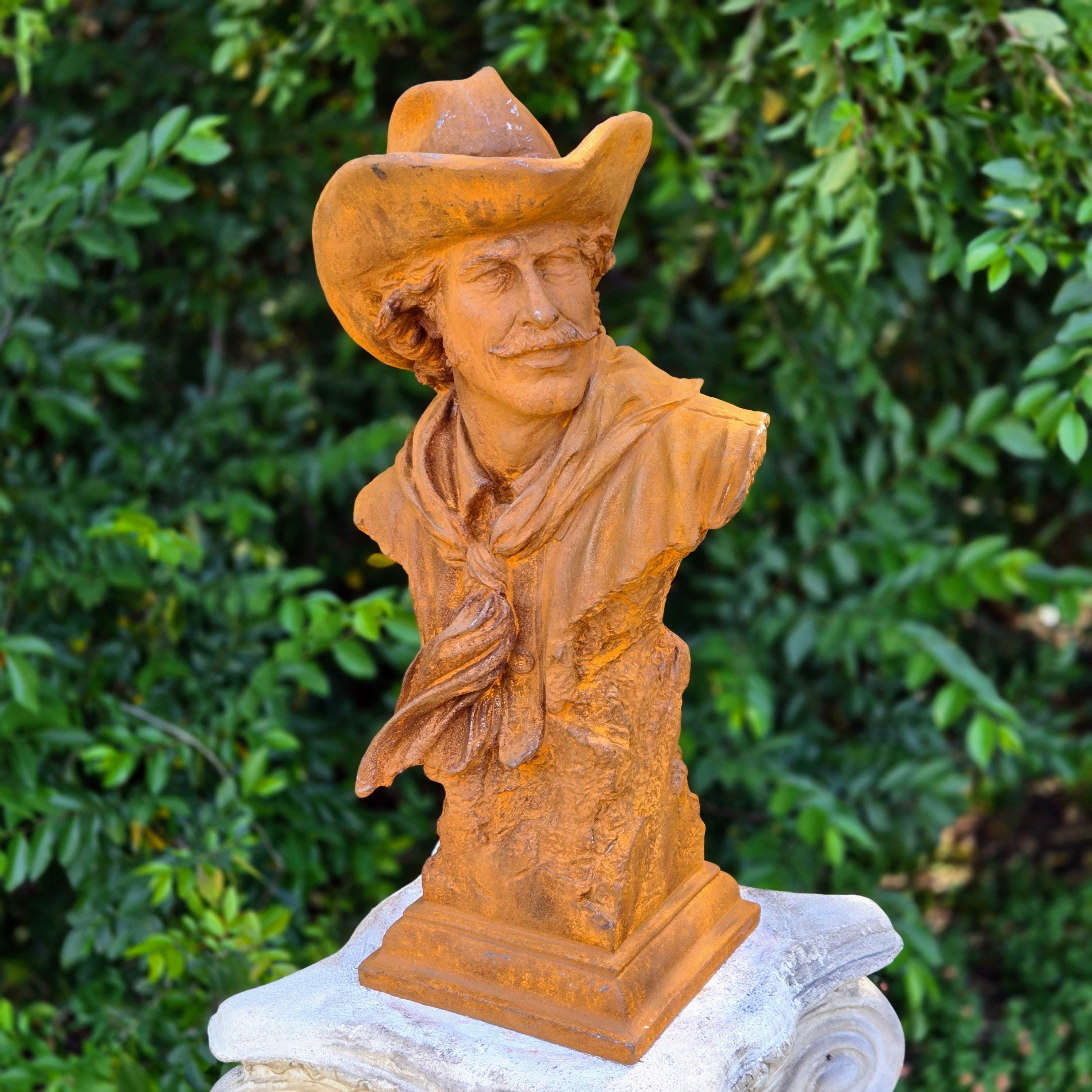Cast Iron Cowboy Bust Sculpture – Rustic Western Art Statue, Garden Decor