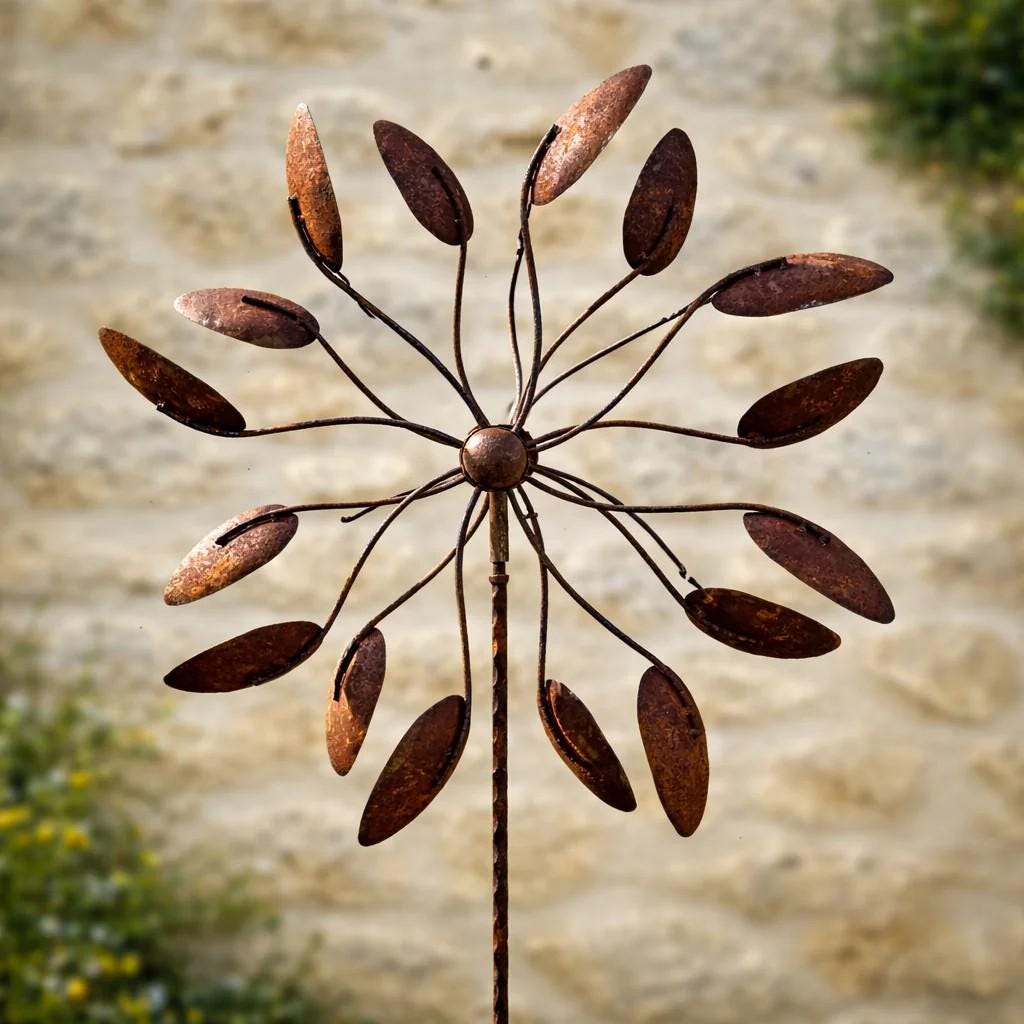 67" Handmade Rusty Iron Flower Wind Spinner: Weathered Garden Sculpture