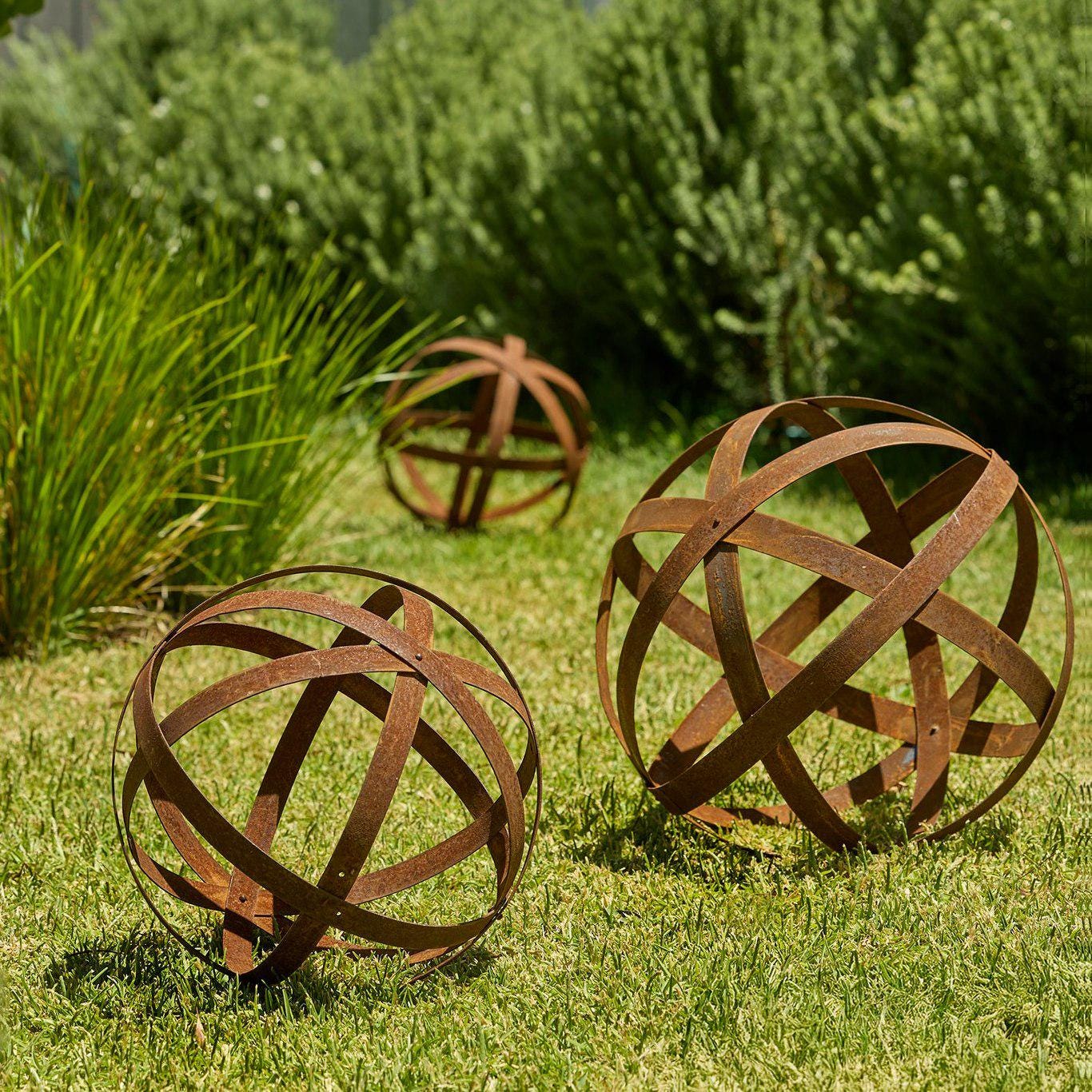 Rustic Metal Garden Spheres – Armillary Stakes, Outdoor Yard Decor
