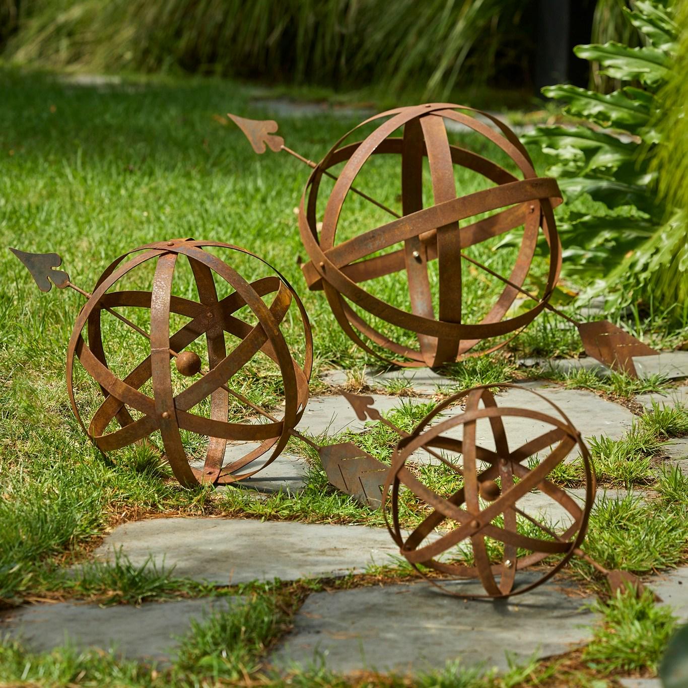 Rustic Metal Garden Spheres – Armillary Stakes, Outdoor Yard Decor