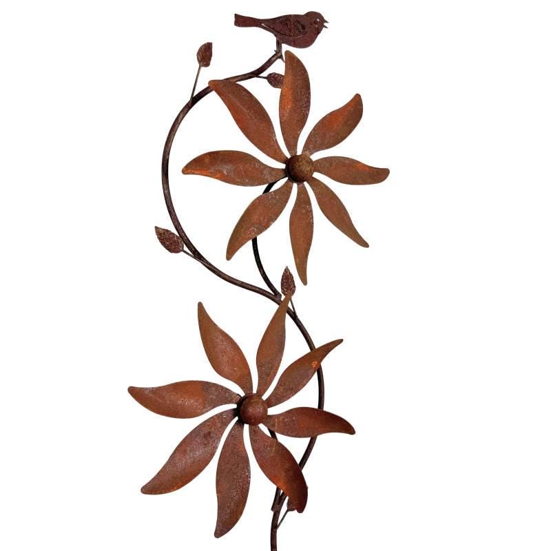 Rustic Metal Bird & Flower Wind Spinner: Weatherproof Garden Stake