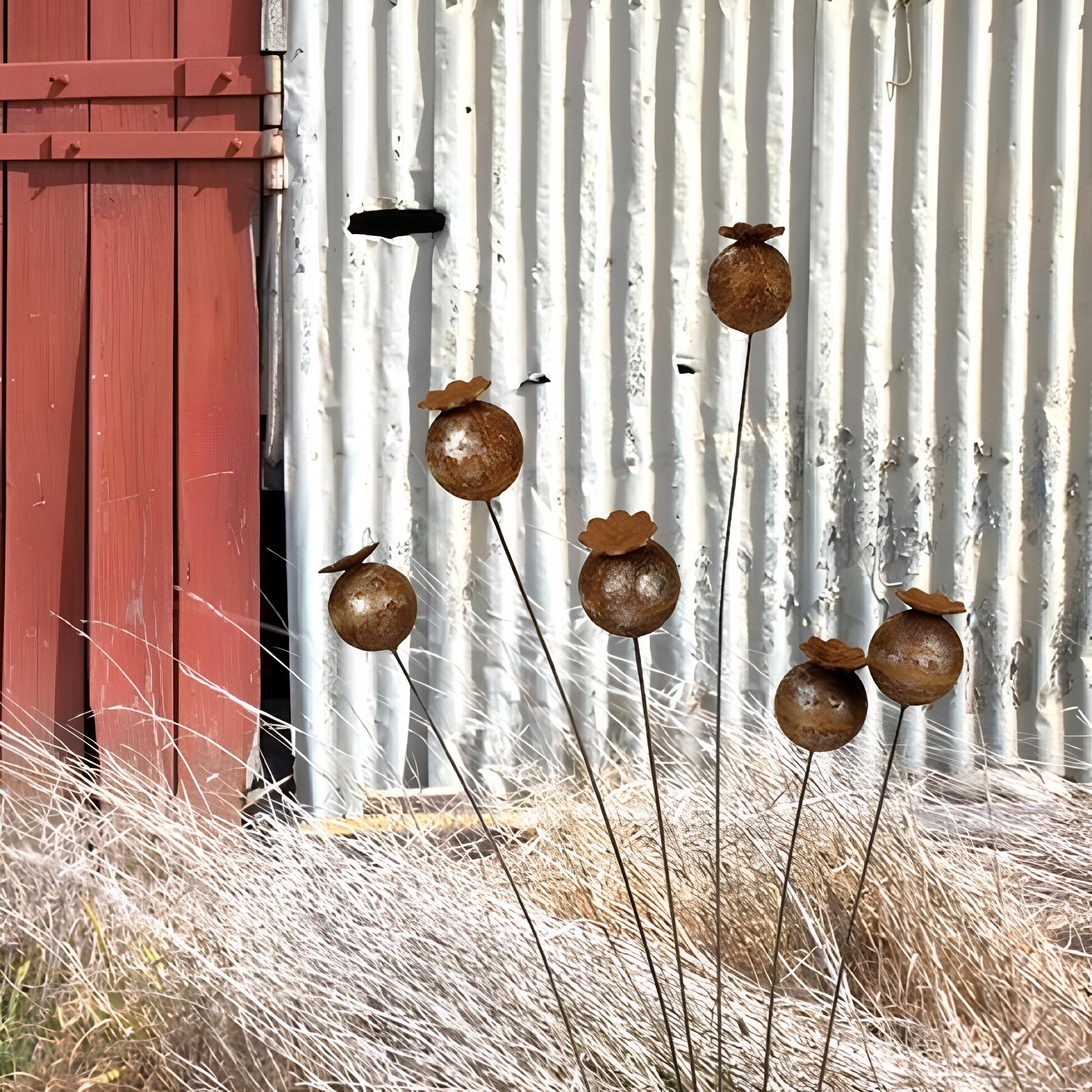 Metal Poppy Garden Stake – Rustic Farmhouse Yard Art, Rust Finish Lawn Decor