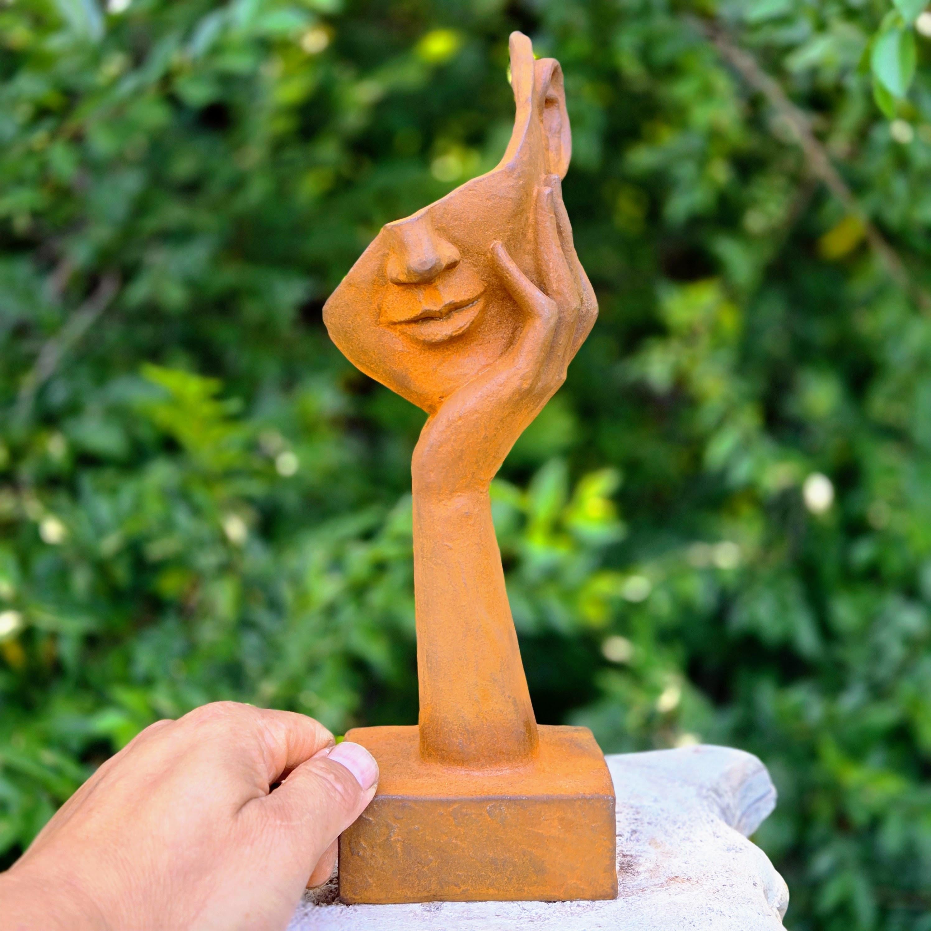 Abstract Metal Face Sculpture – Rustic Garden Statue, Contemplative Hand Art Figurine