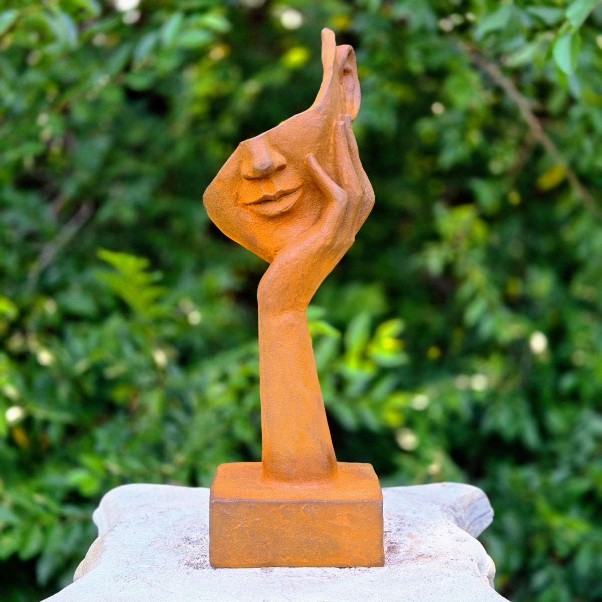 Abstract Metal Face Sculpture – Rustic Garden Statue, Contemplative Hand Art Figurine