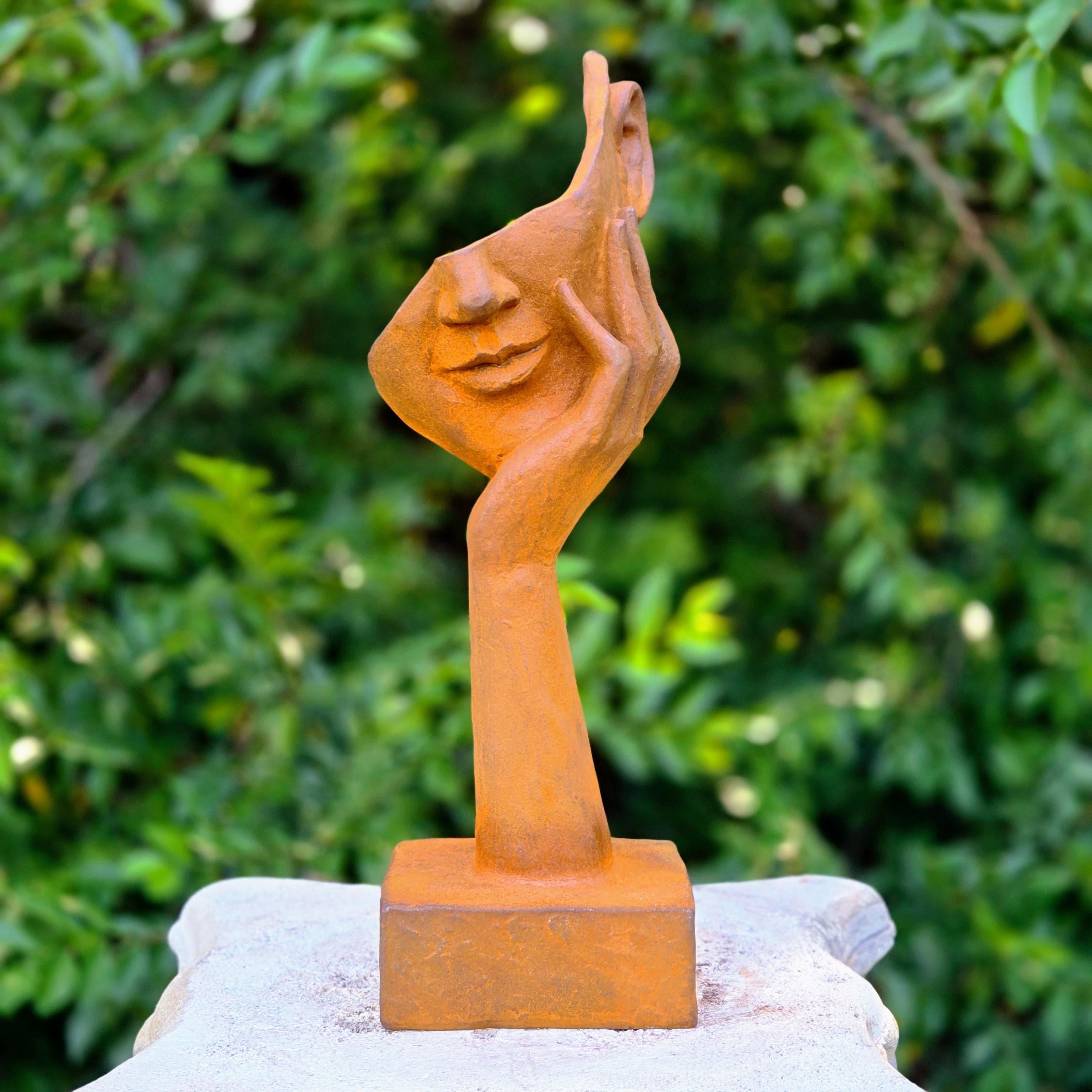 Abstract Metal Face Sculpture – Rustic Garden Statue, Contemplative Hand Art Figurine