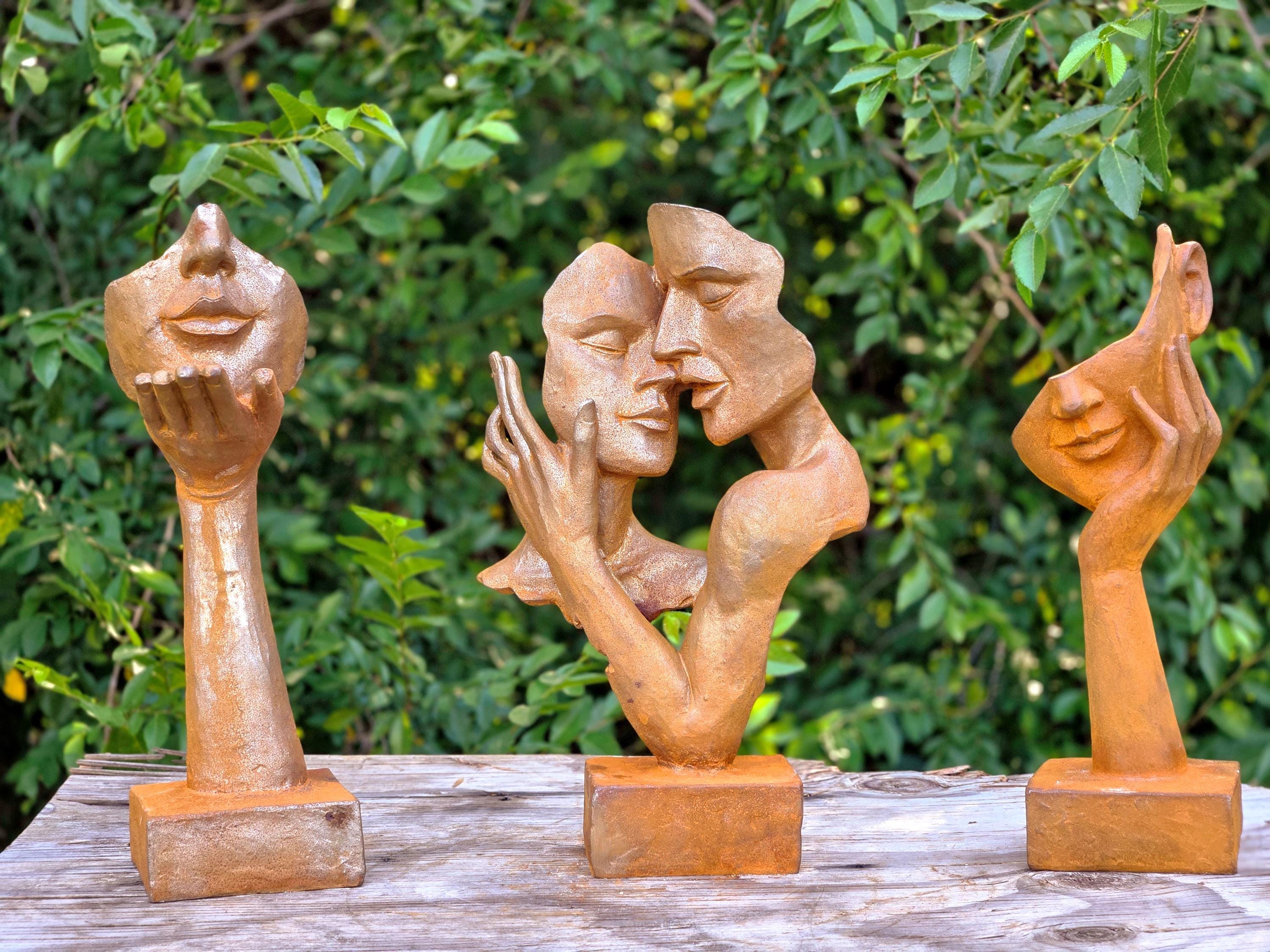 Abstract Metal Face Sculpture – Rustic Garden Statue, Contemplative Hand Art Figurine