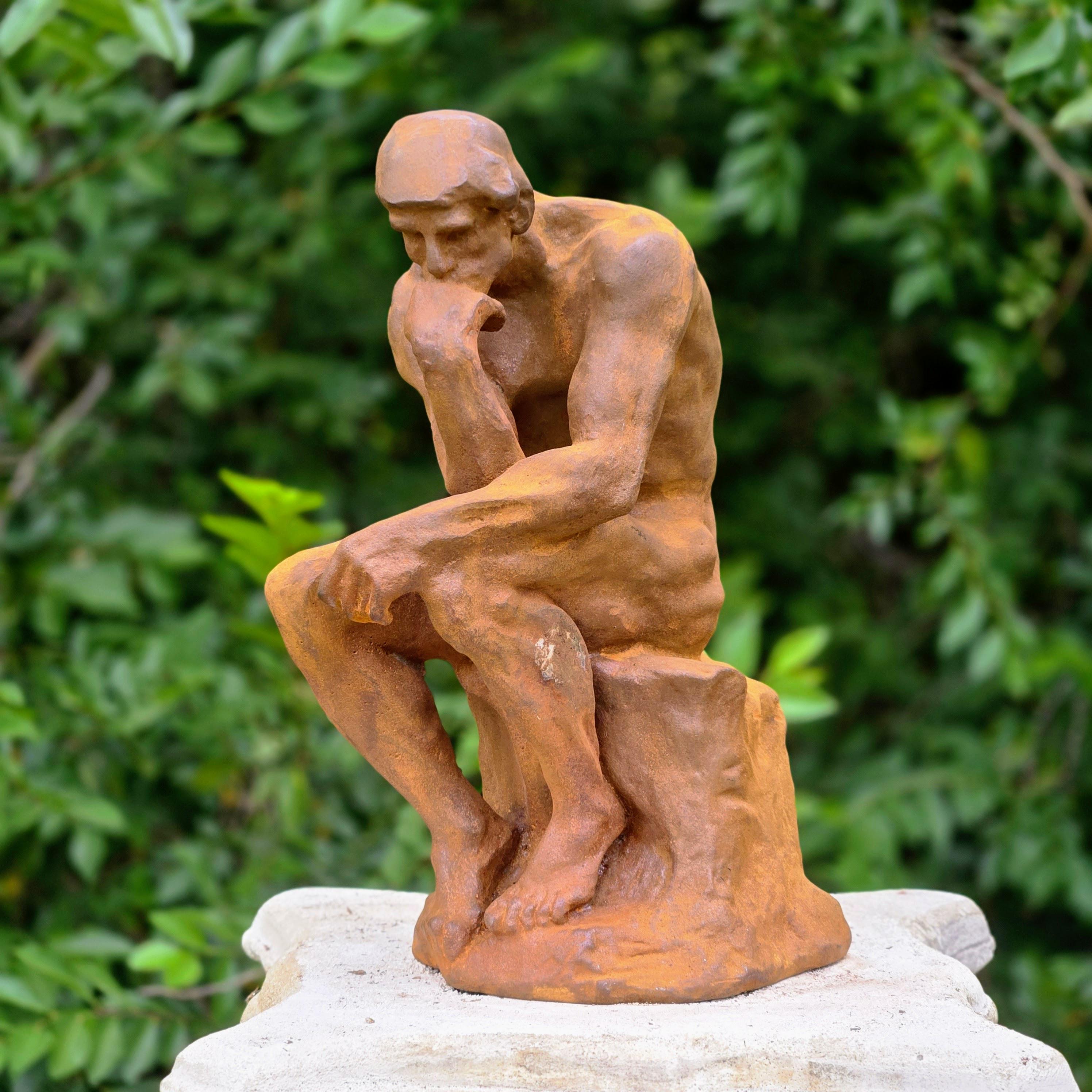 Cast Iron Thinker Sculpture – Rustic Garden Statue, Vintage Art Figurine