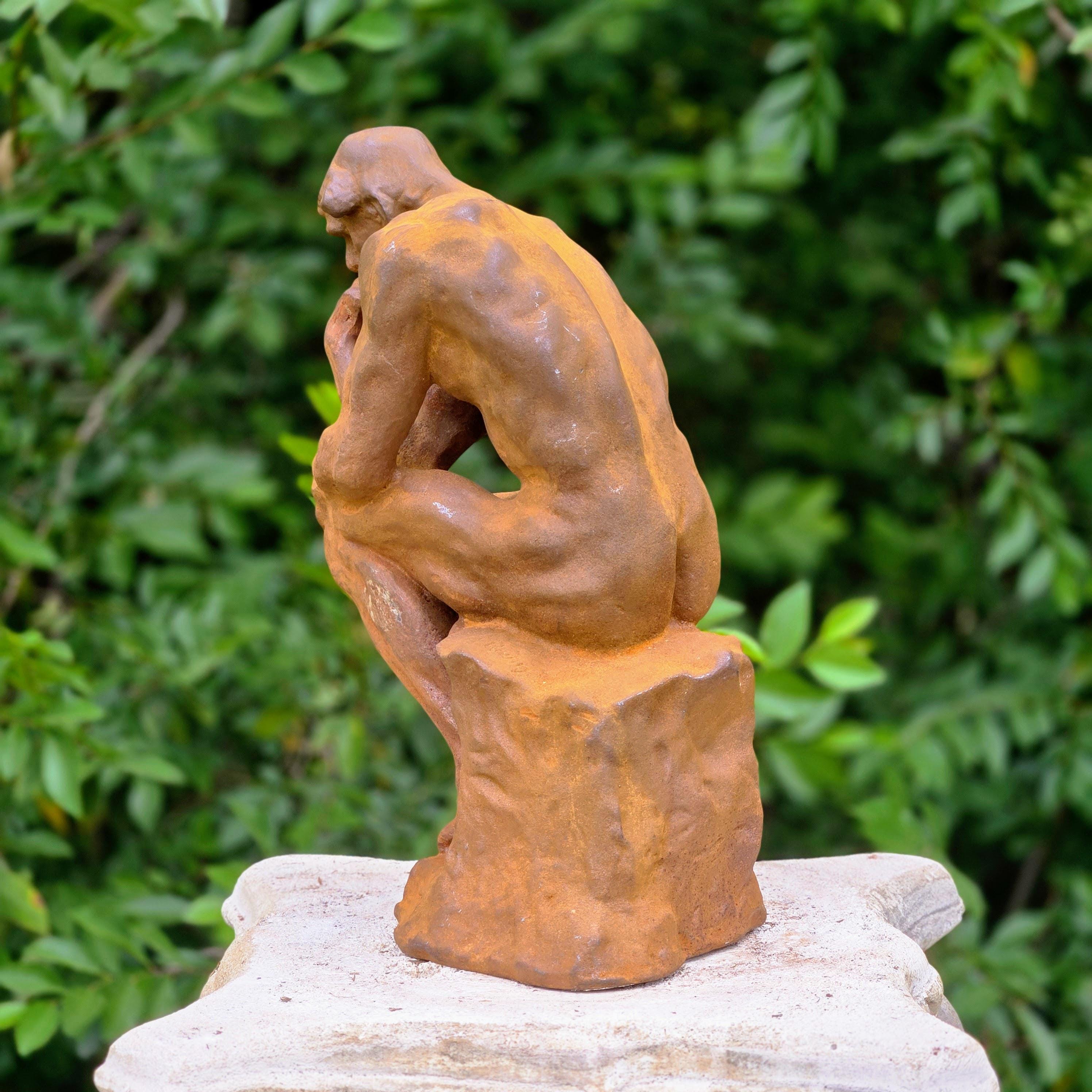 Cast Iron Thinker Sculpture – Rustic Garden Statue, Vintage Art Figurine