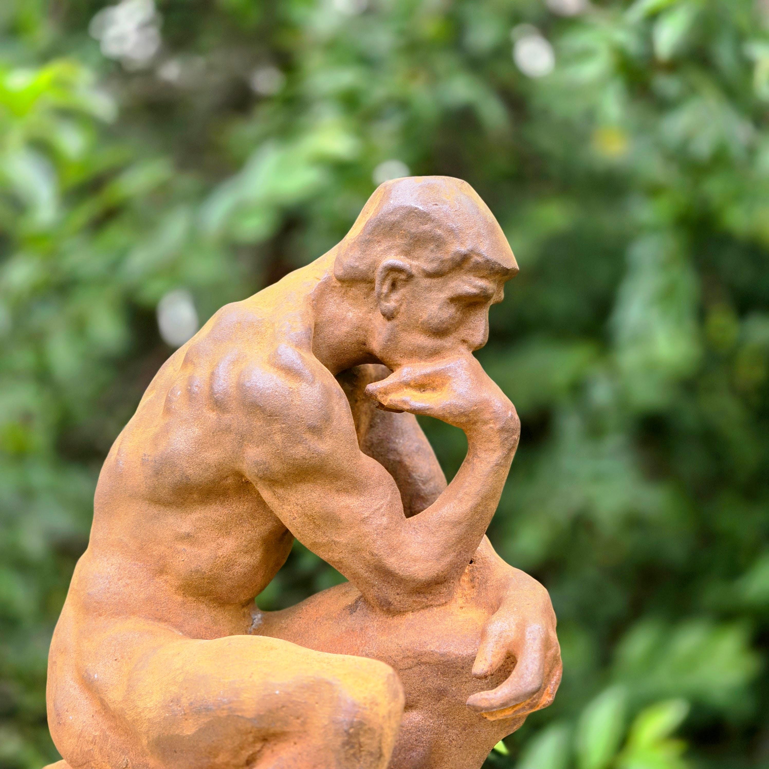 Cast Iron Thinker Sculpture – Rustic Garden Statue, Vintage Art Figurine