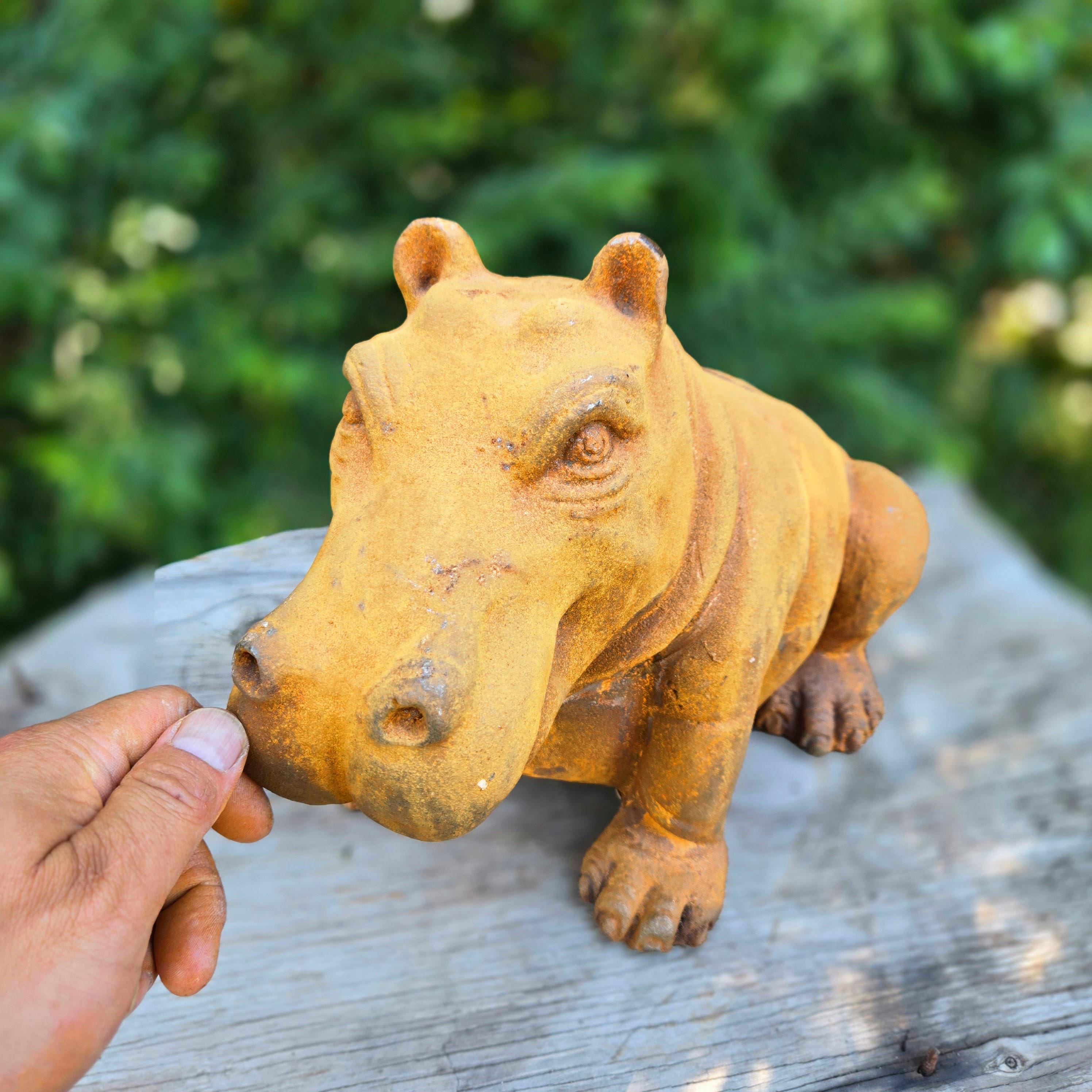Cast Iron Hippo Garden Statue – Rustic Animal Sculpture, Farmhouse Lawn Ornament