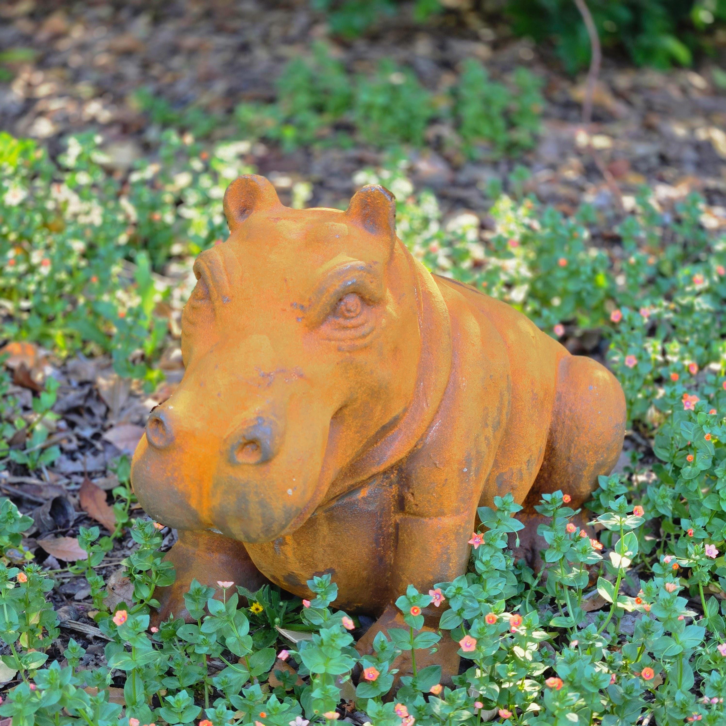 Cast Iron Hippo Garden Statue – Rustic Animal Sculpture, Farmhouse Lawn Ornament