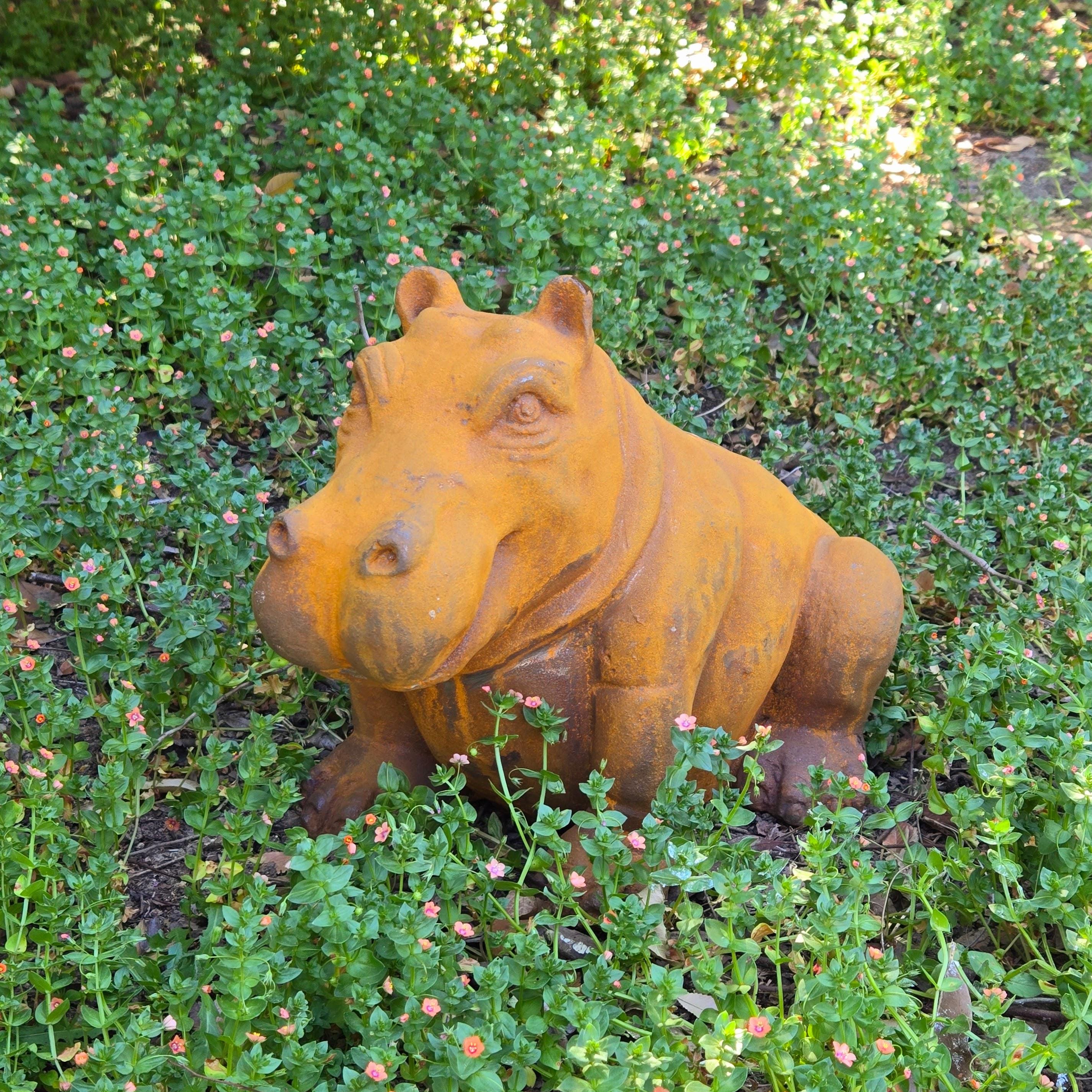 Cast Iron Hippo Garden Statue – Rustic Animal Sculpture, Farmhouse Lawn Ornament