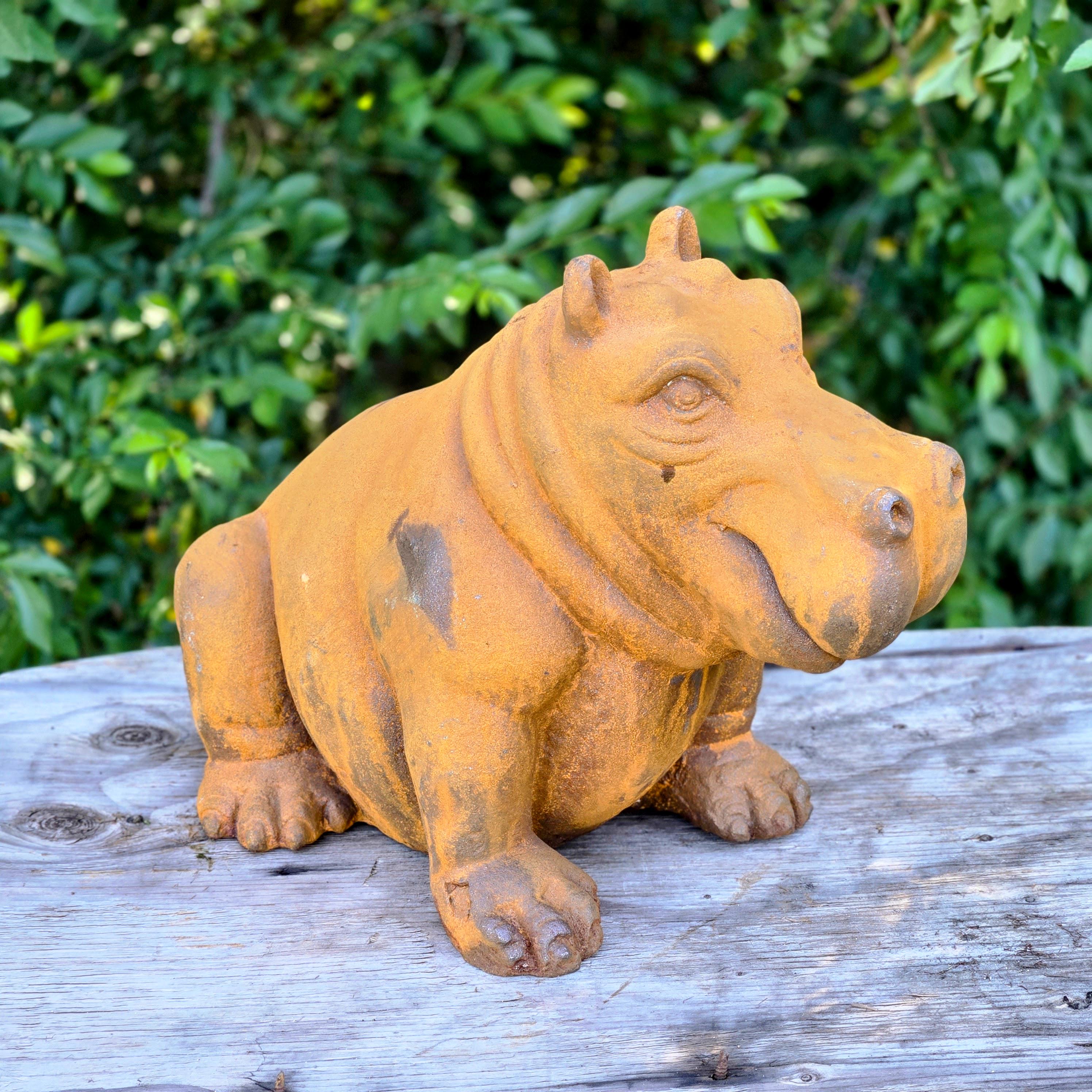 Cast Iron Hippo Garden Statue – Rustic Animal Sculpture, Farmhouse Lawn Ornament