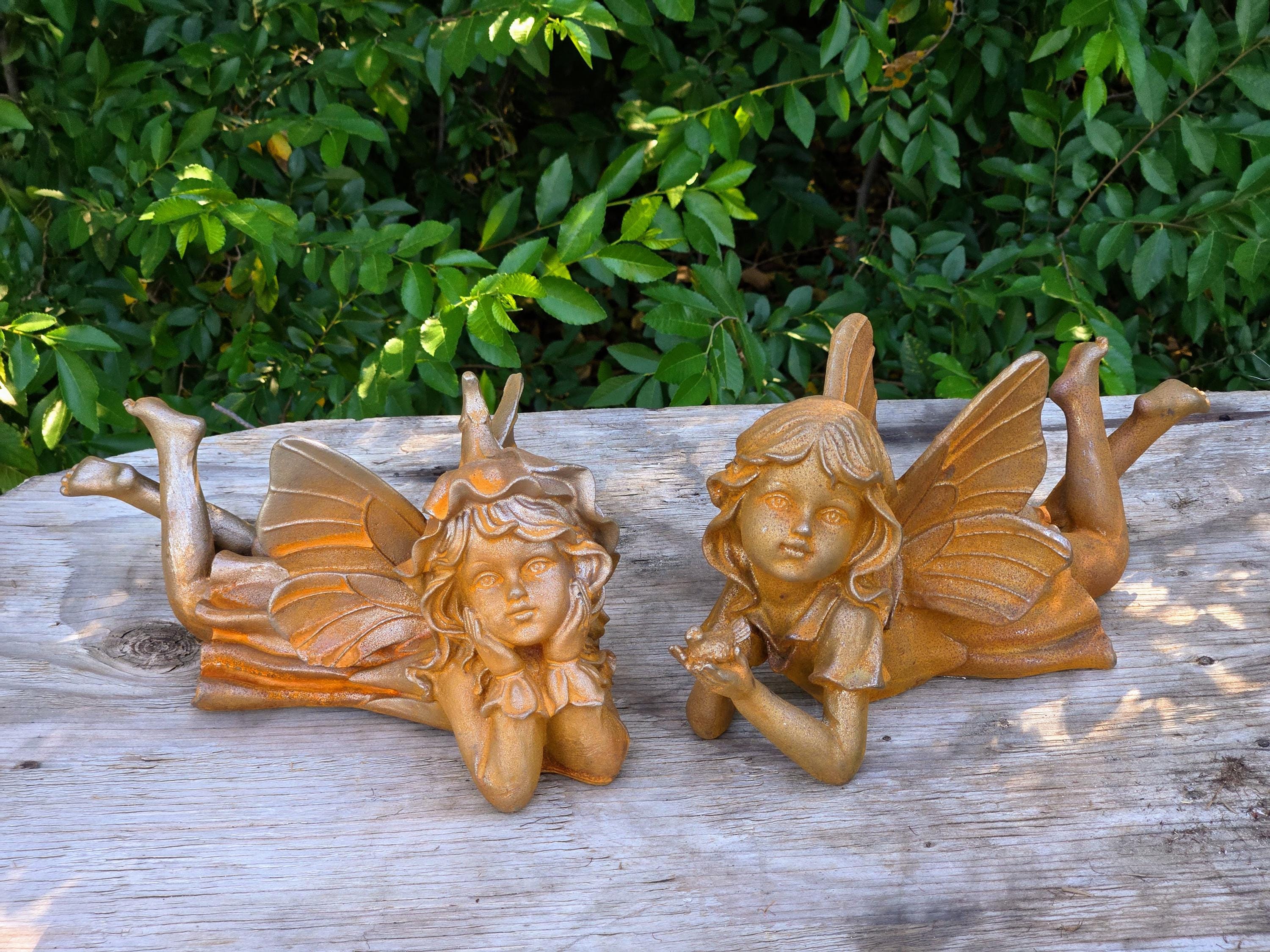 Cast Iron Fairy Statues Set – Rustic Vintage Angel Garden Yard Art (Set of 2)