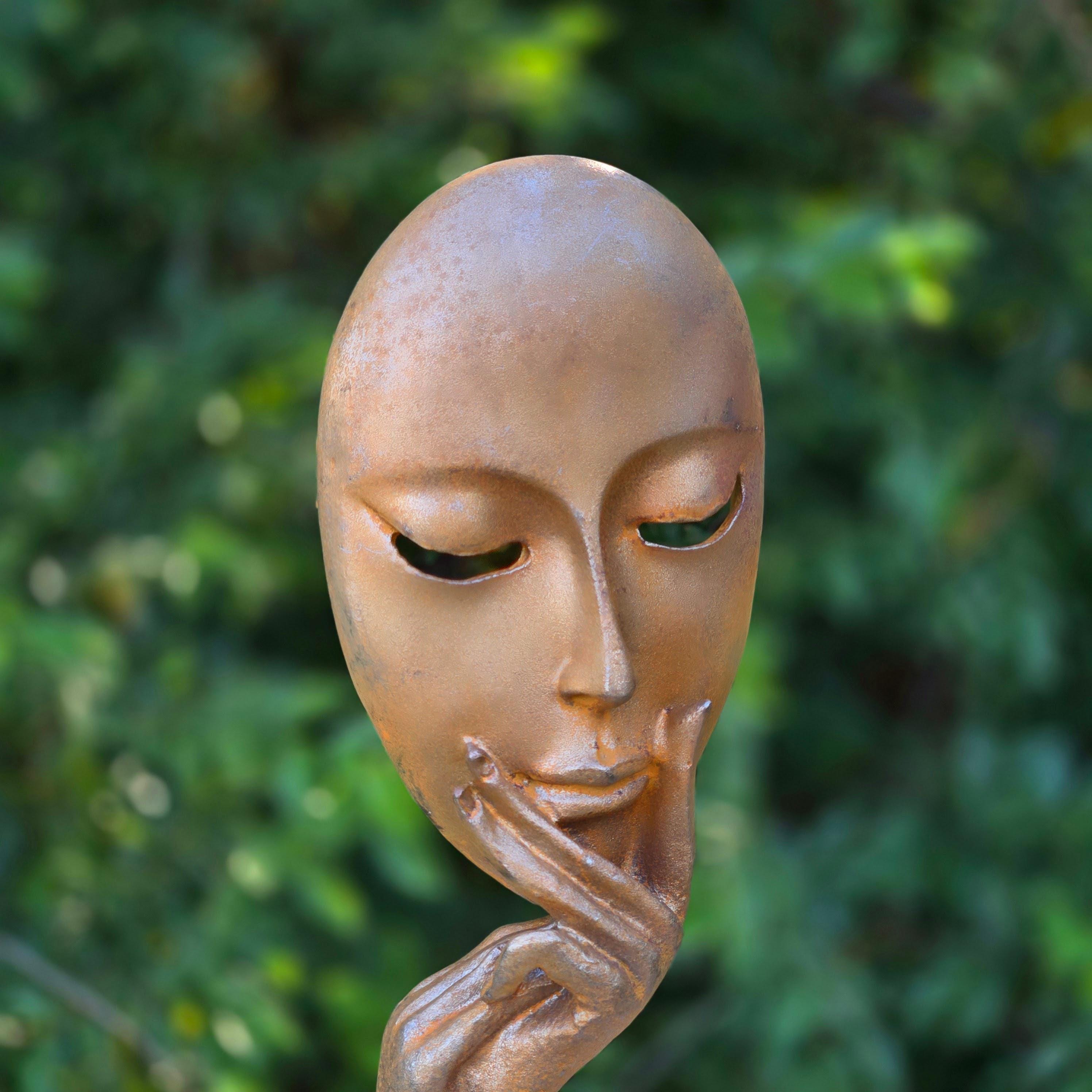 Cast Iron Abstract Face Sculpture – Rustic Patina, Minimalist Metal Statue