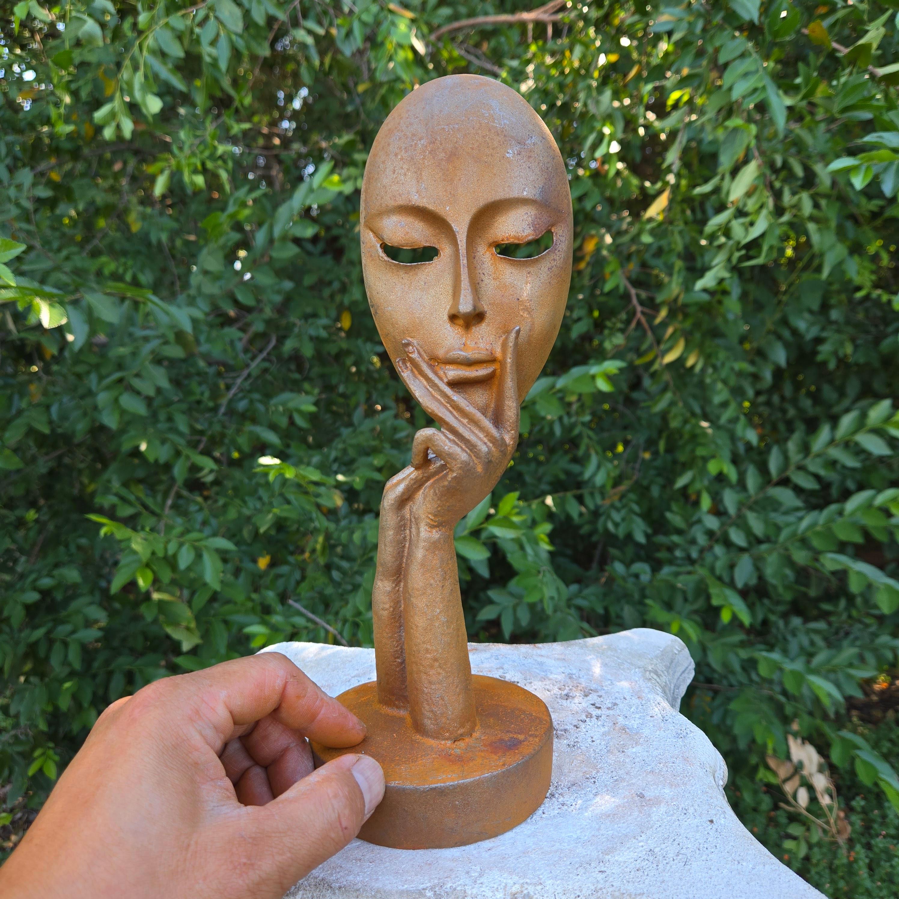 Cast Iron Abstract Face Sculpture – Rustic Patina, Minimalist Metal Statue