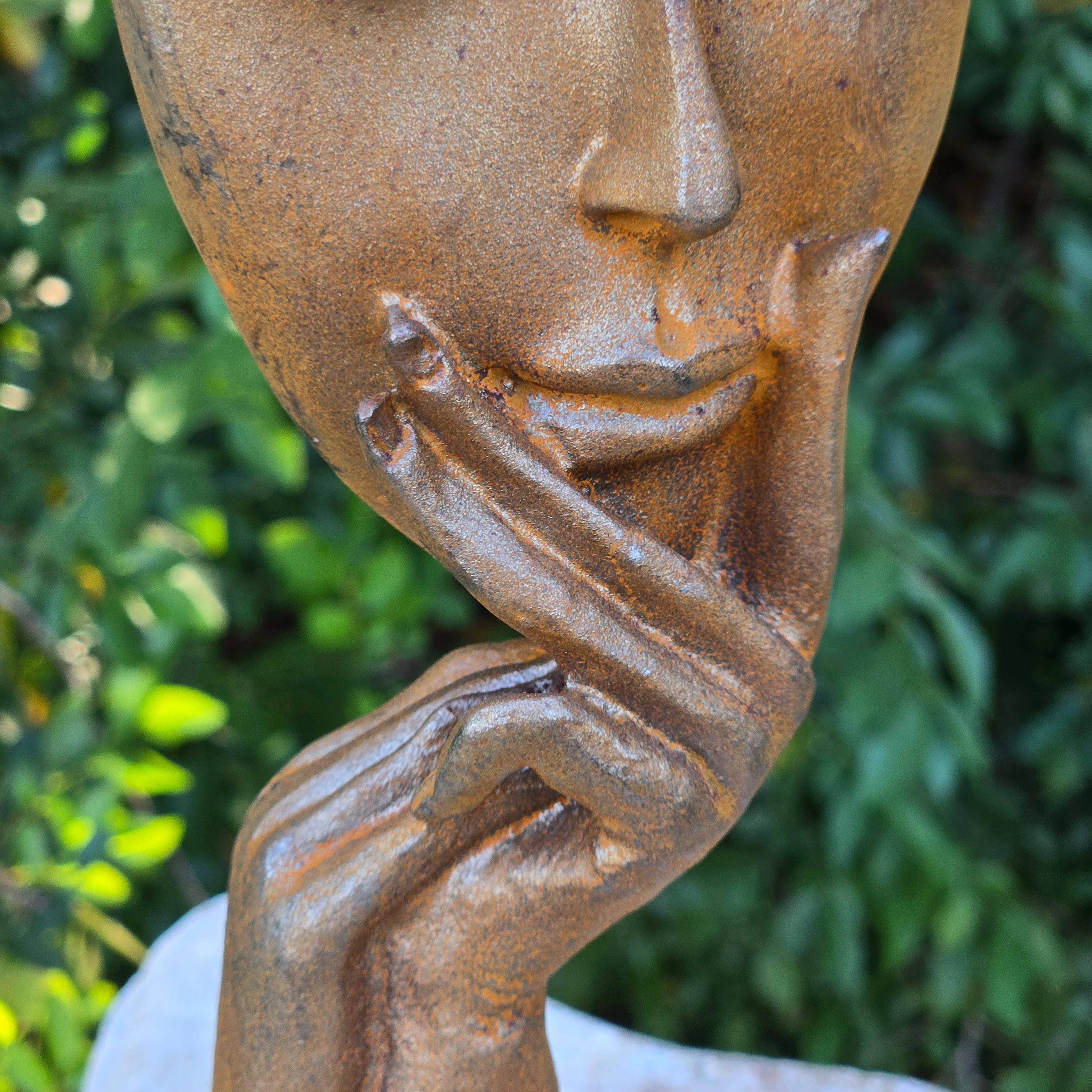 Cast Iron Abstract Face Sculpture – Rustic Patina, Minimalist Metal Statue