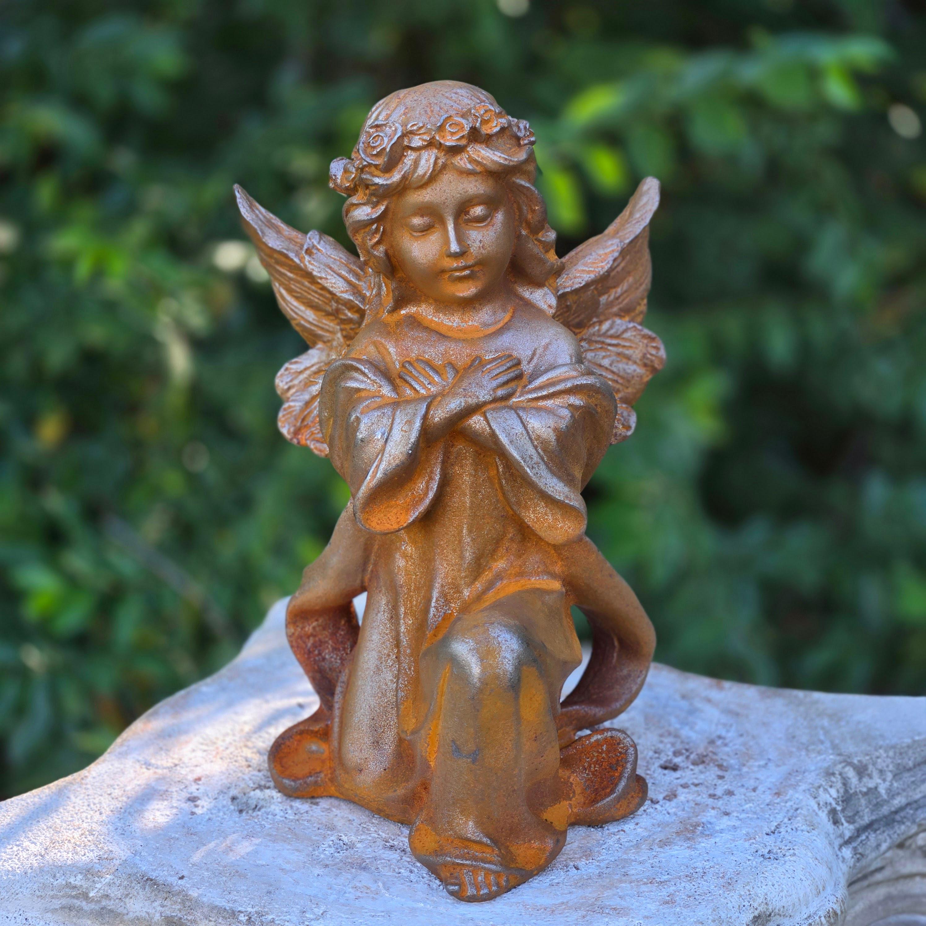 Cast Iron Angel Statue – Rustic Vintage Garden Decor Metal Cherub Sculpture Outdoor Yard Ornament