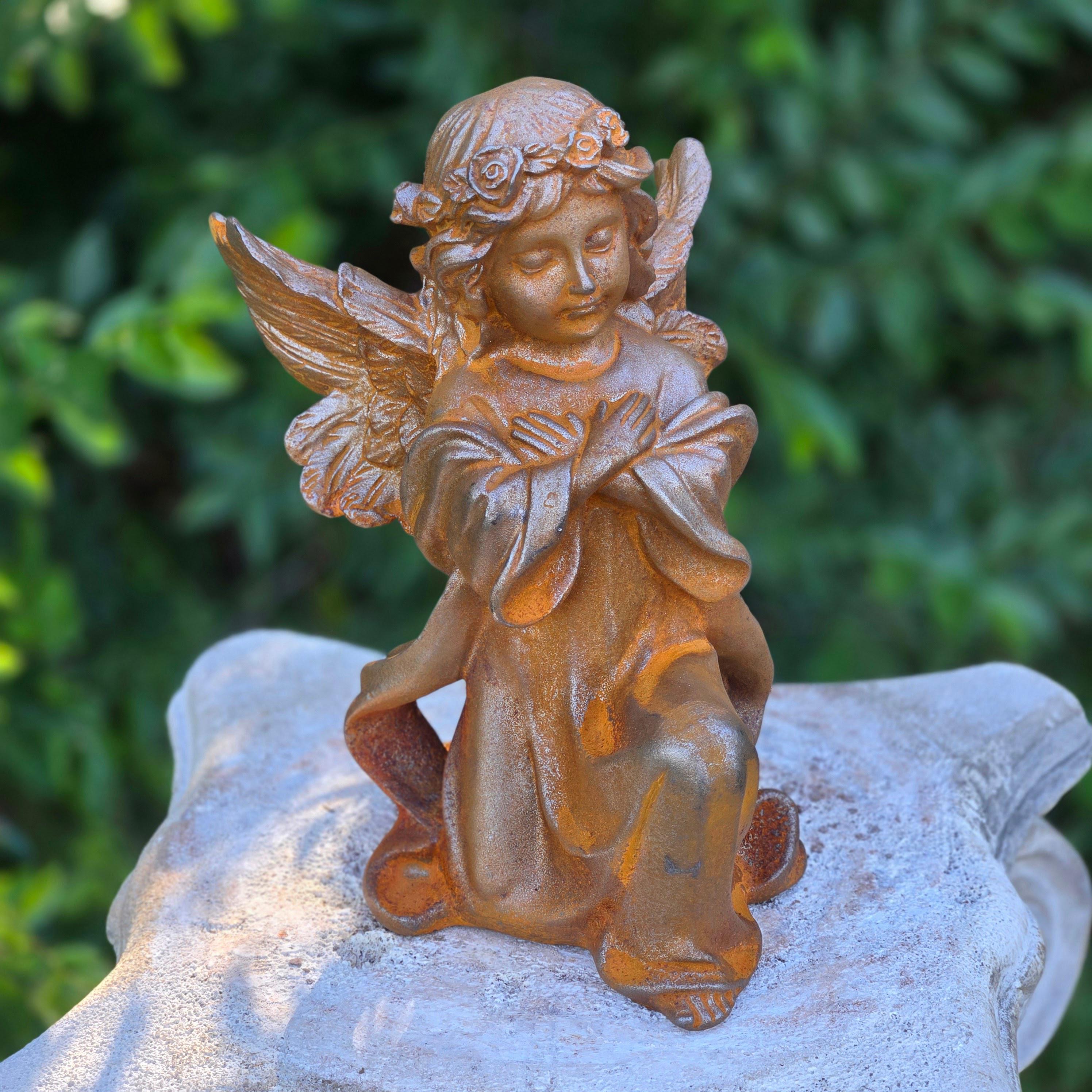 Cast Iron Angel Statue – Rustic Vintage Garden Decor Metal Cherub Sculpture Outdoor Yard Ornament
