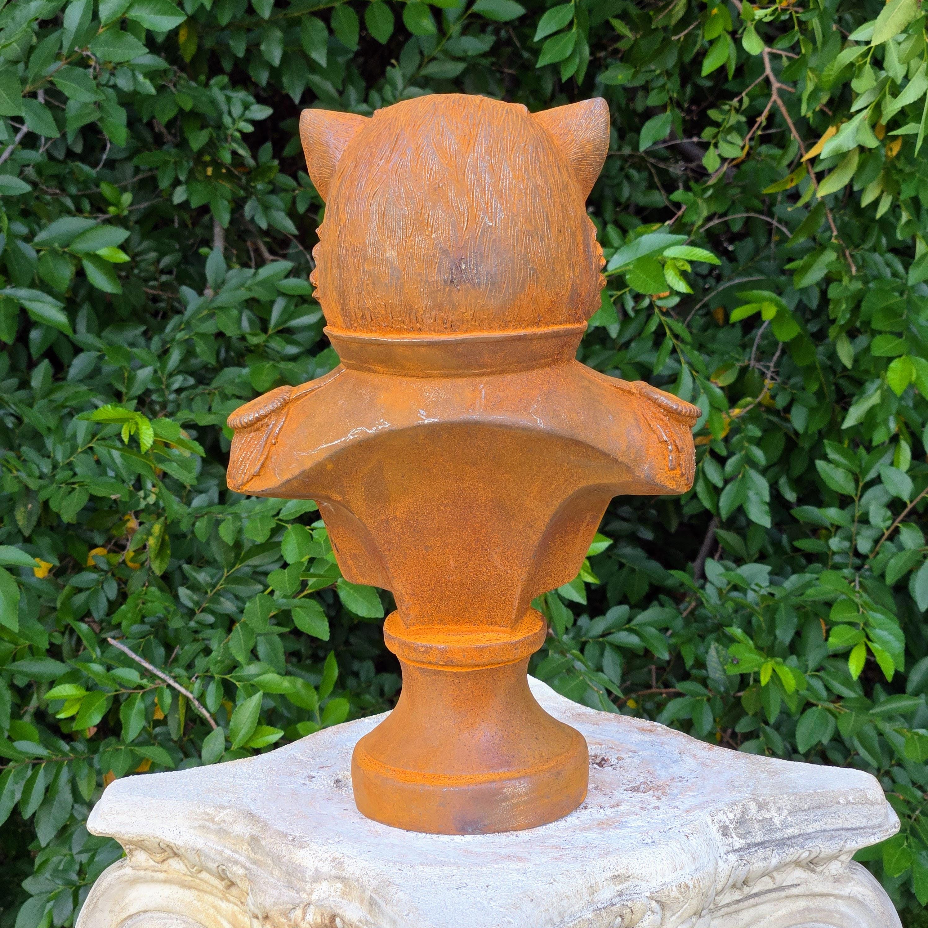 Cast Iron Cat General Bust – Rustic Military Animal Sculpture, Garden Decor