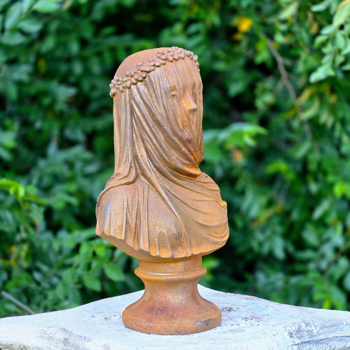 Cast Iron Veiled Lady Bust – Rustic Gothic Sculpture Garden Decor Mysterious Art