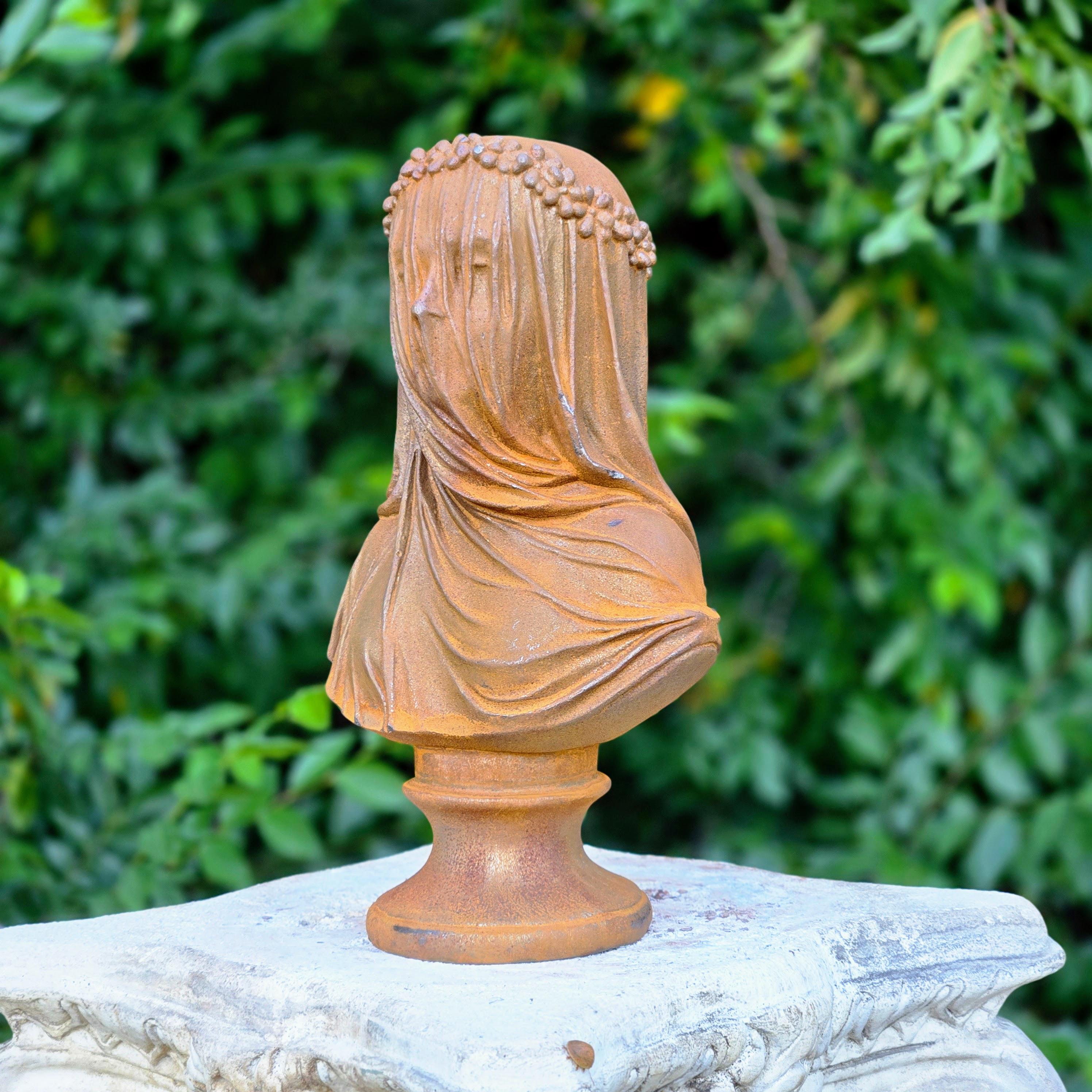 Cast Iron Veiled Lady Bust – Rustic Gothic Sculpture Garden Decor Mysterious Art