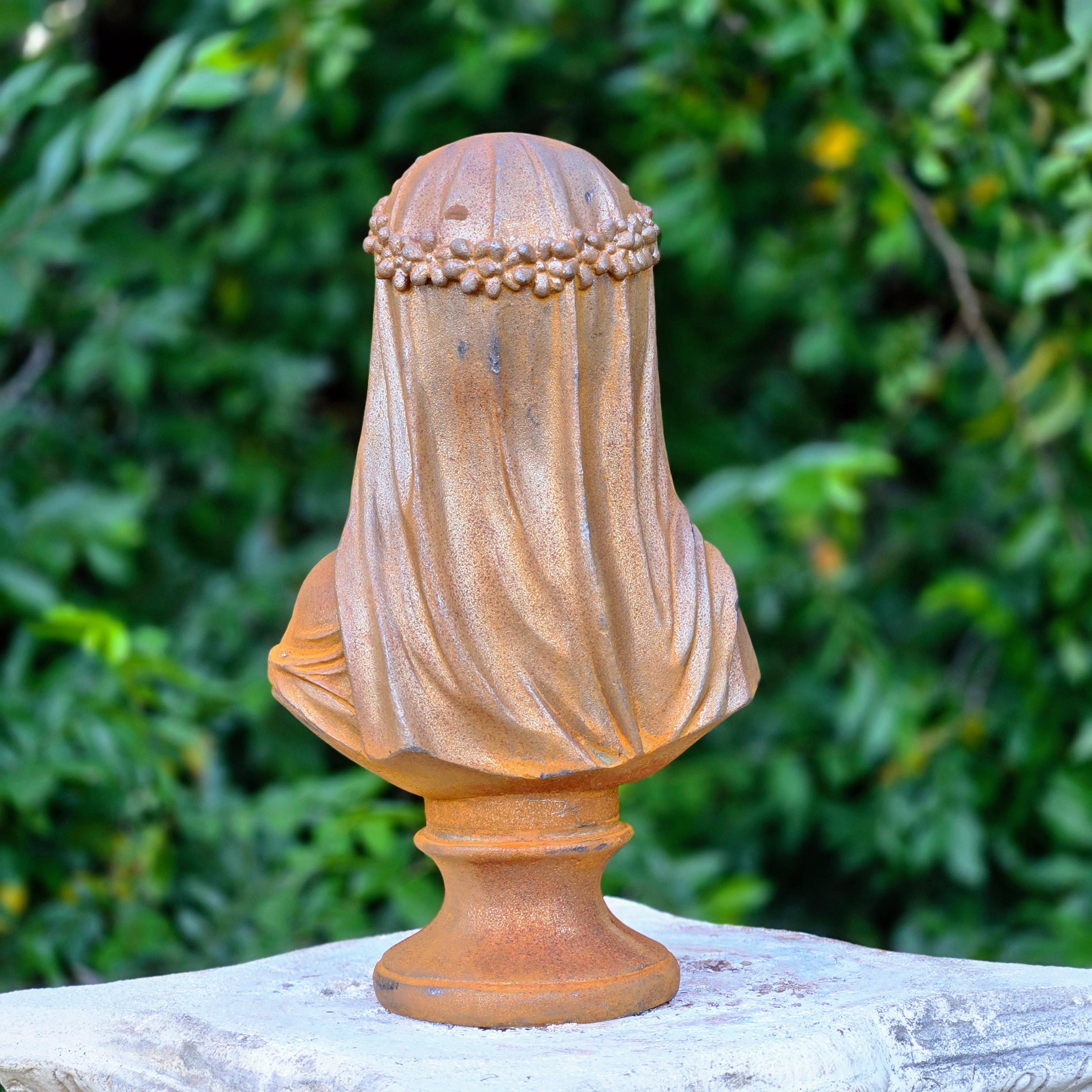 Cast Iron Veiled Lady Bust – Rustic Gothic Sculpture Garden Decor Mysterious Art