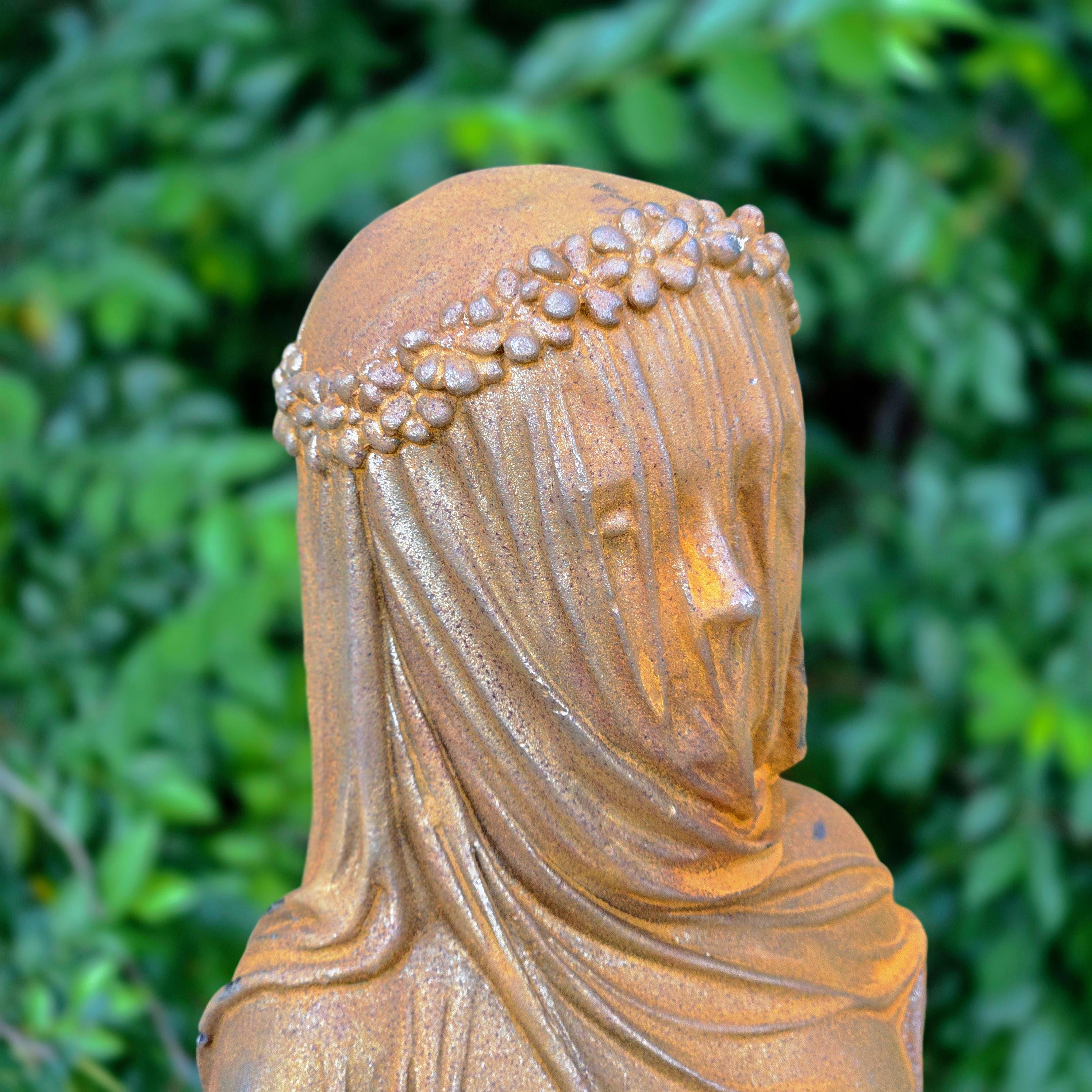 Cast Iron Veiled Lady Bust – Rustic Gothic Sculpture Garden Decor Mysterious Art