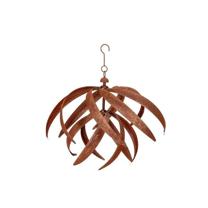 Hoisting Rusty Iron Lotus Wind Spinner - Weathered Garden Art