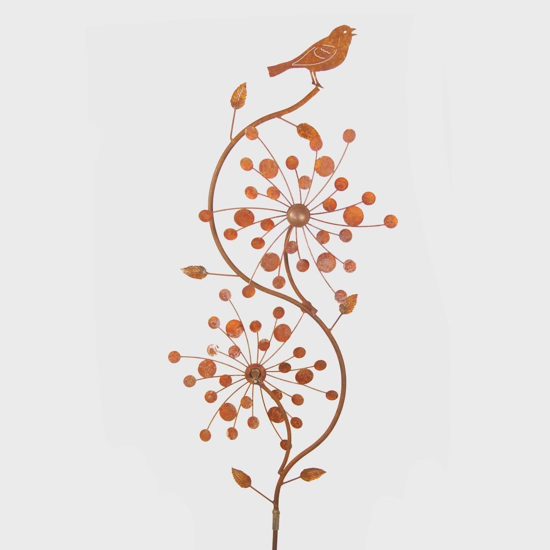 Rustic Metal Bird & Flower Wind Spinner: Weatherproof Garden Stake