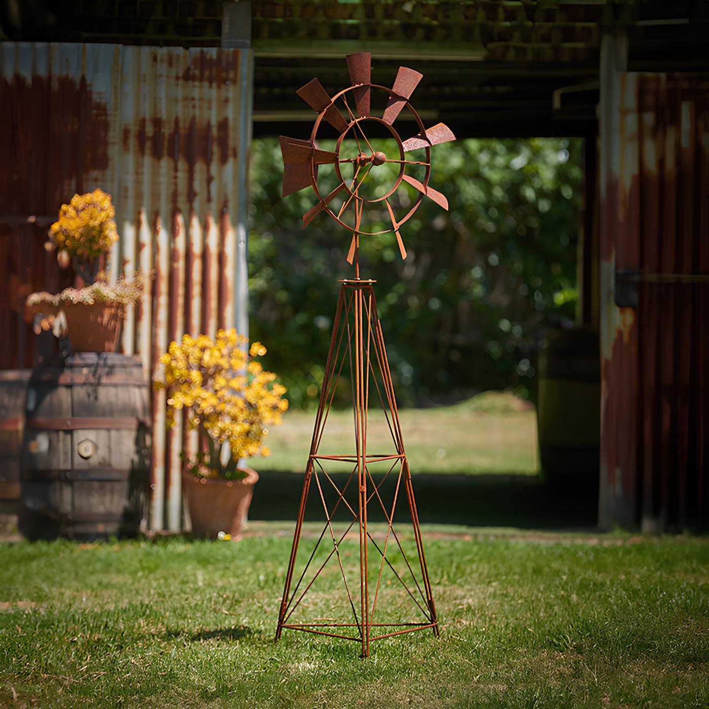 Farmhouse Metal Windmill Garden Stake – 73" Tall Rusted Wind Spinner Lawn Sculpture