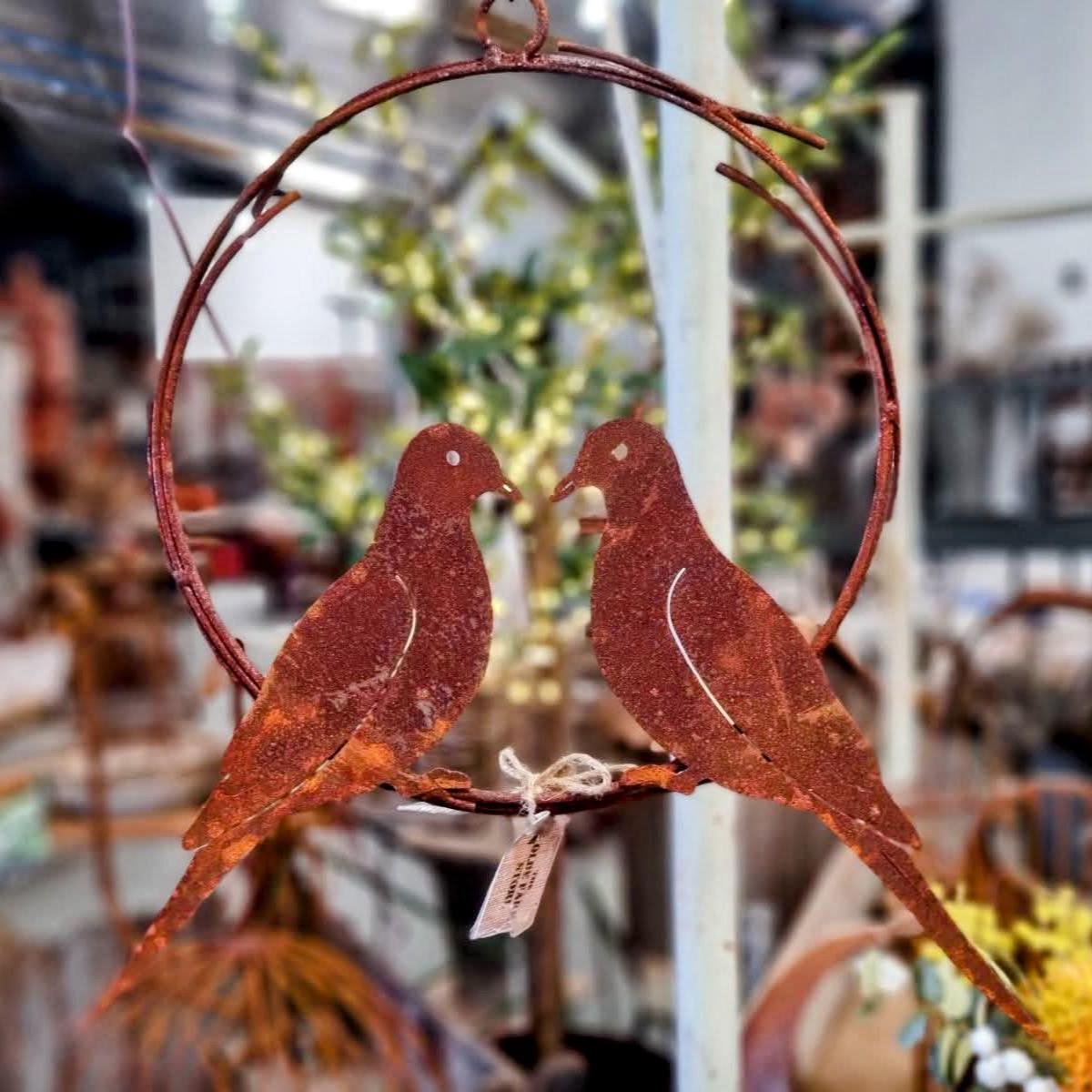 Rusted Metal Bird Wreath – Romantic Garden Decor, Rustic Wall Art (17" x 14")