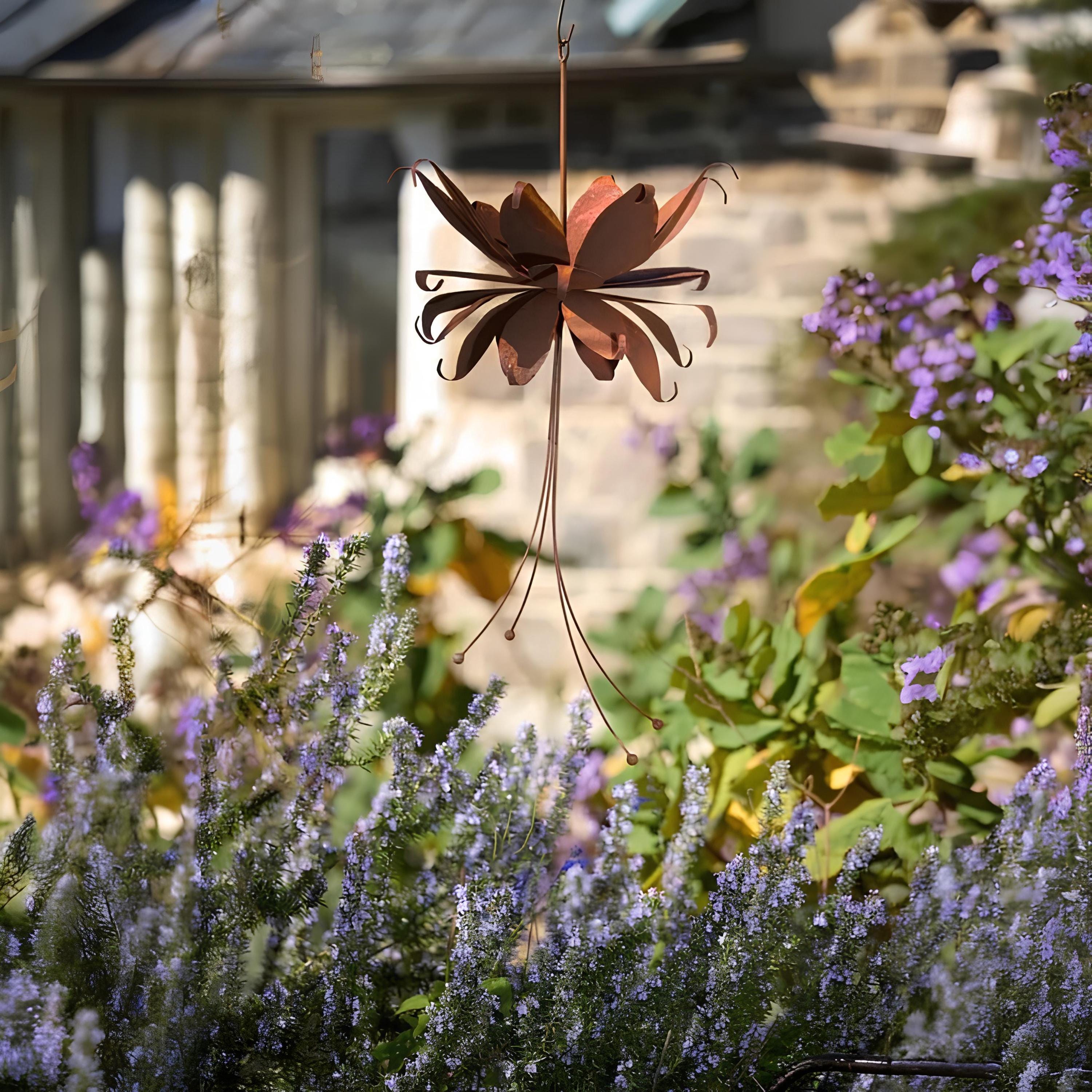 Metal Flower Hanging Fuchsia Rust–  Rustic Yard Art Sculpture, Outdoor Decor