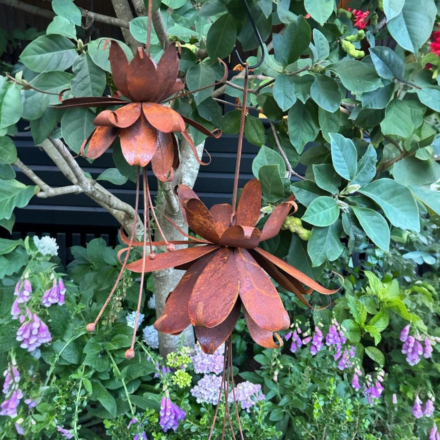Metal Flower Hanging Fuchsia Rust–  Rustic Yard Art Sculpture, Outdoor Decor