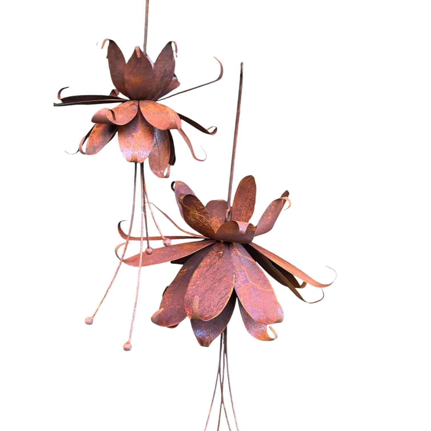 Metal Flower Hanging Fuchsia Rust–  Rustic Yard Art Sculpture, Outdoor Decor