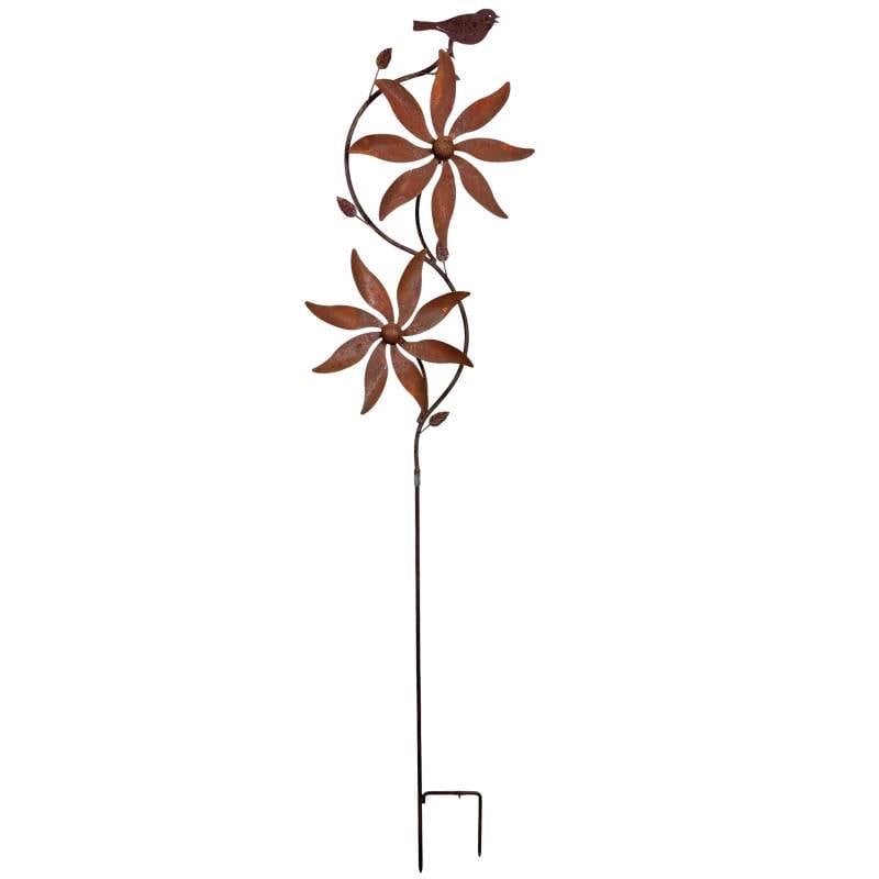 Rustic Metal Bird & Flower Wind Spinner: Weatherproof Garden Stake