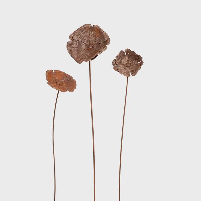 Set of 3 Rustic Metal Poppy Garden Stakes – Yard Art, Weathered Steel Lawn Decor