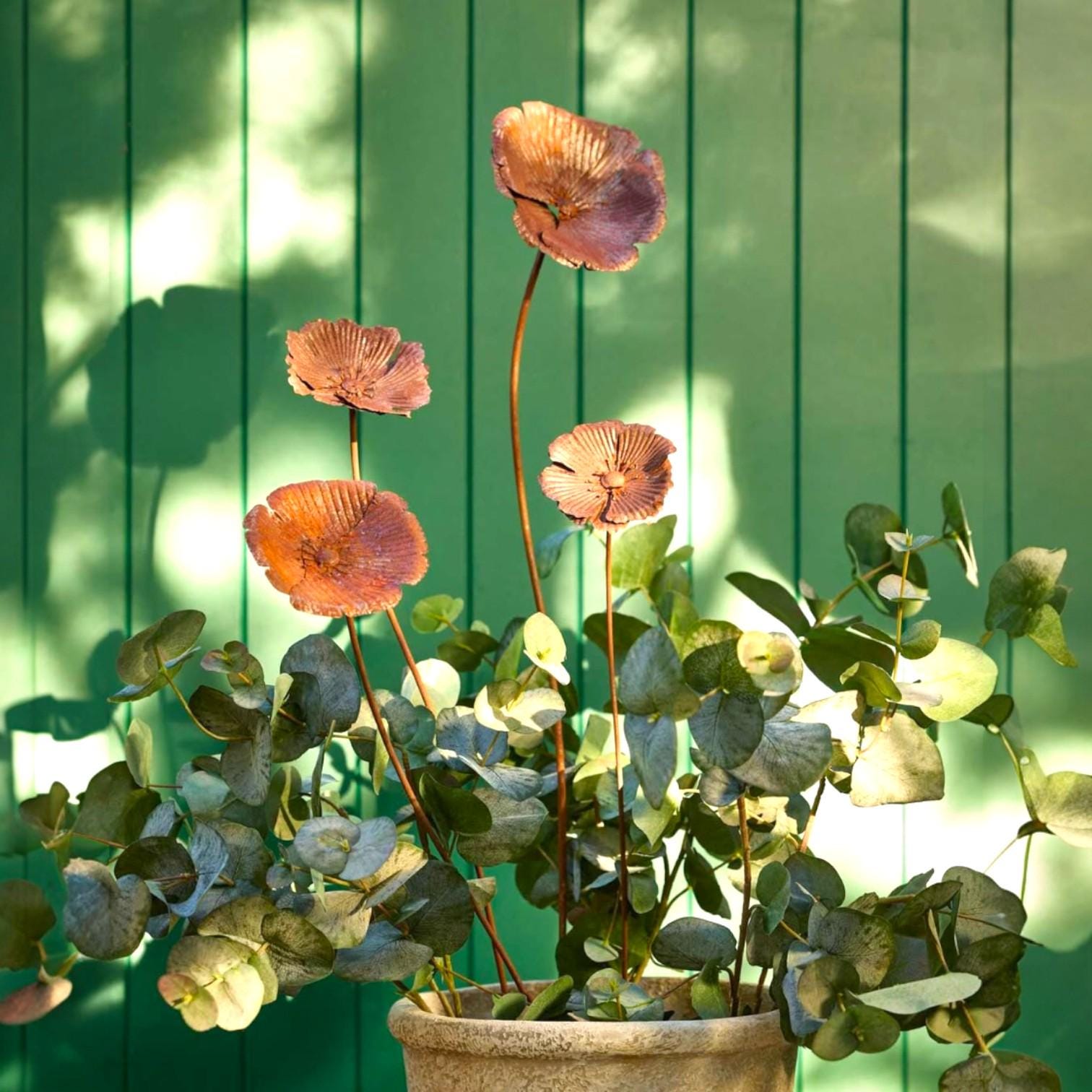 Set of 3 Rustic Metal Poppy Garden Stakes – Yard Art, Weathered Steel Lawn Decor
