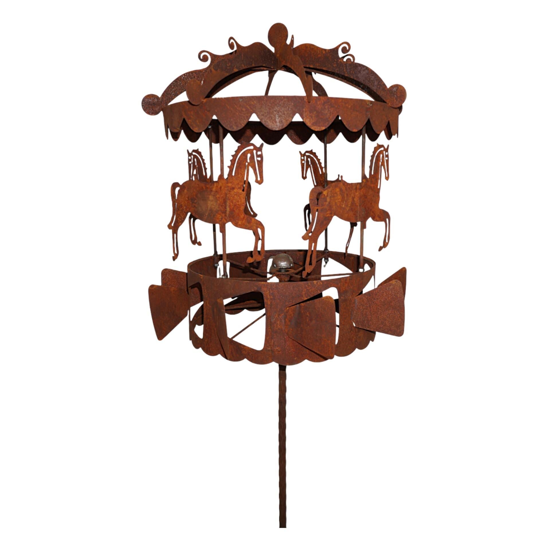 Rusty Carousel Metal Windmill Garden Stake – Nostalgic Spinning Yard Art Inspired by Childhood Memories