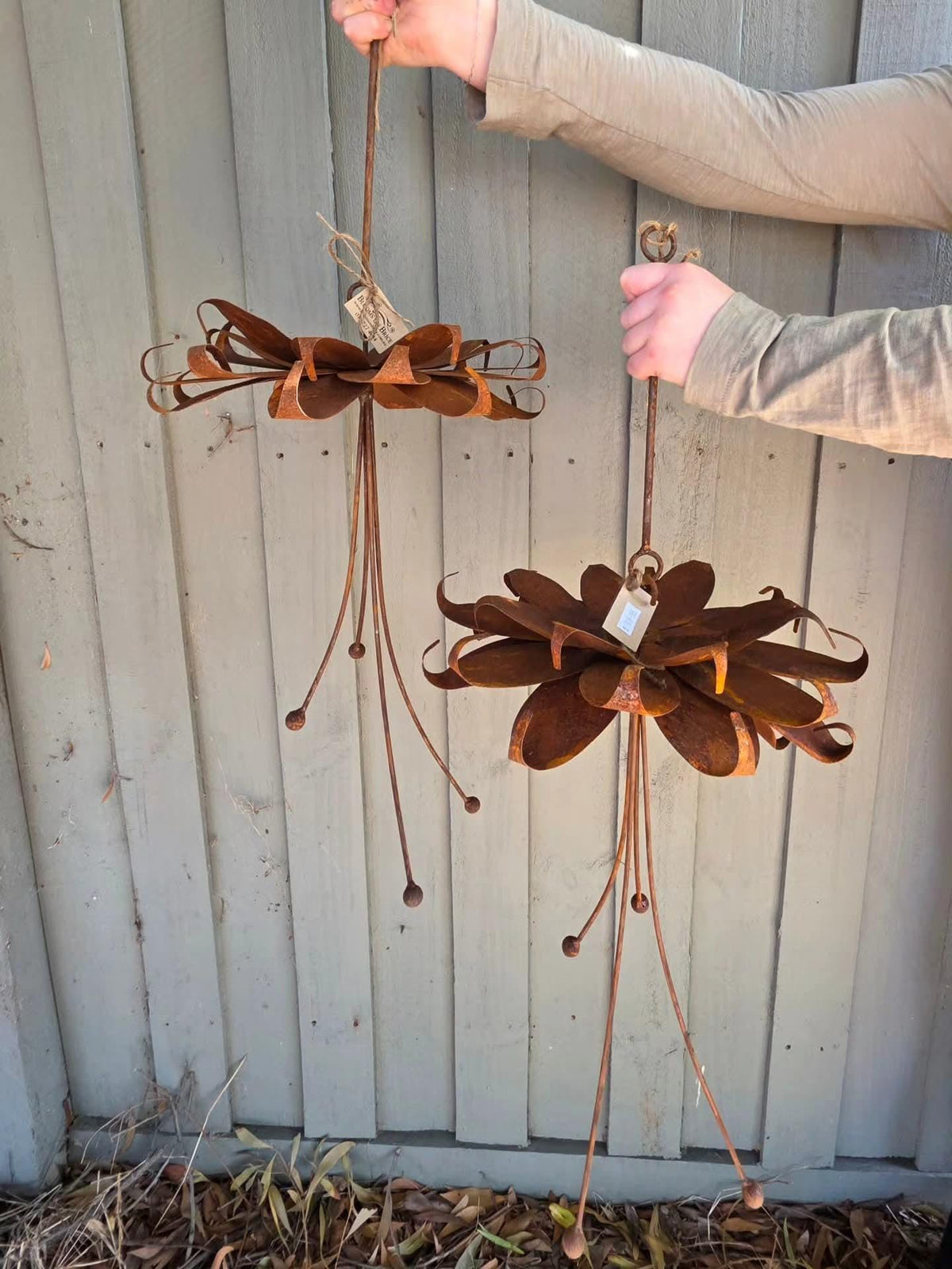 Metal Flower Hanging Fuchsia Rust– Rustic Yard Art Sculpture, Outdoor Decor