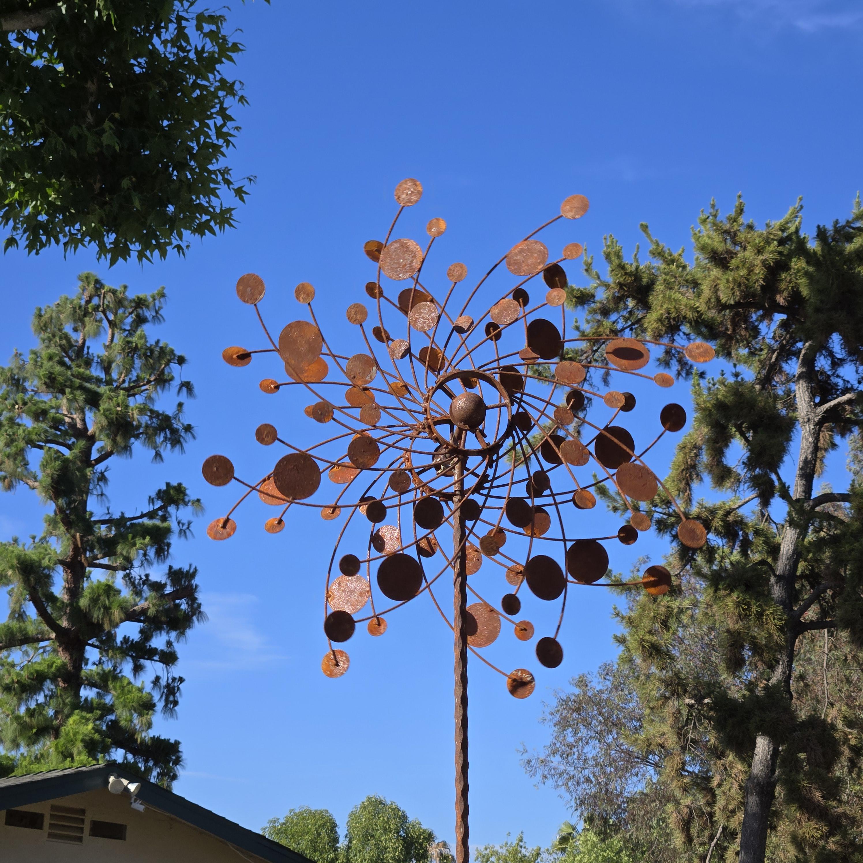 Rust Metal Wind Spinner Garden Stake – Kinetic Yard Art Sculpture, Vintage Farmhouse Decor