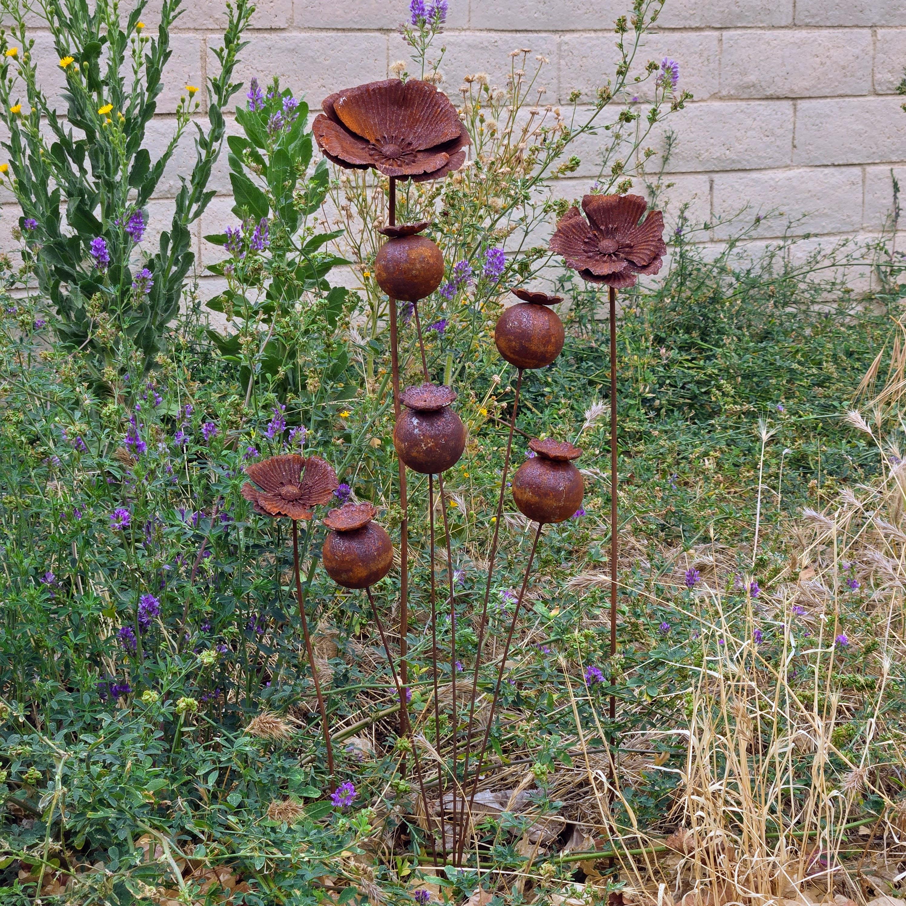 Set of 3 Rustic Metal Poppy Garden Stakes – Yard Art, Weathered Steel Lawn Decor