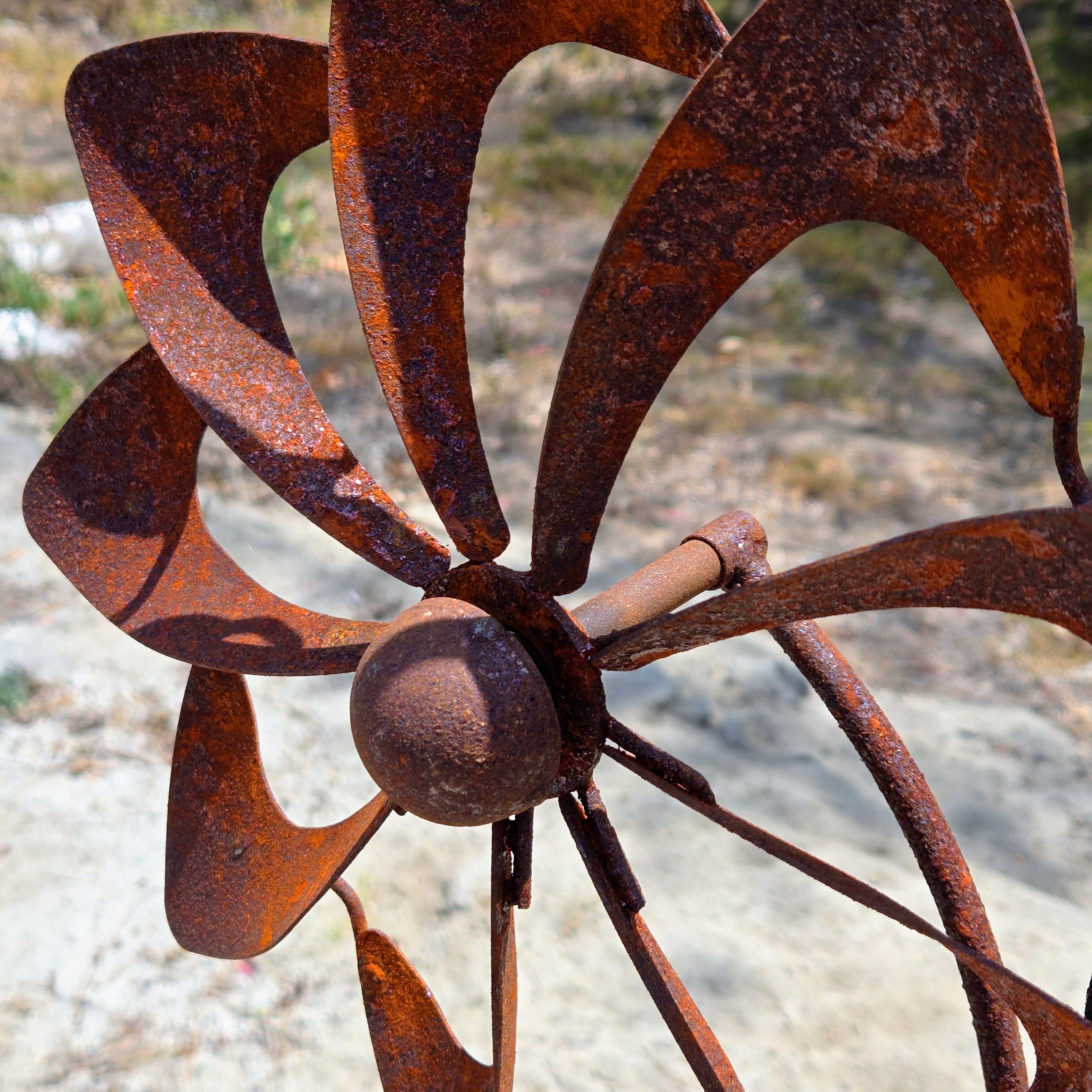 Rustic Metal Bird & Flower Wind Spinner: Weatherproof Garden Stake