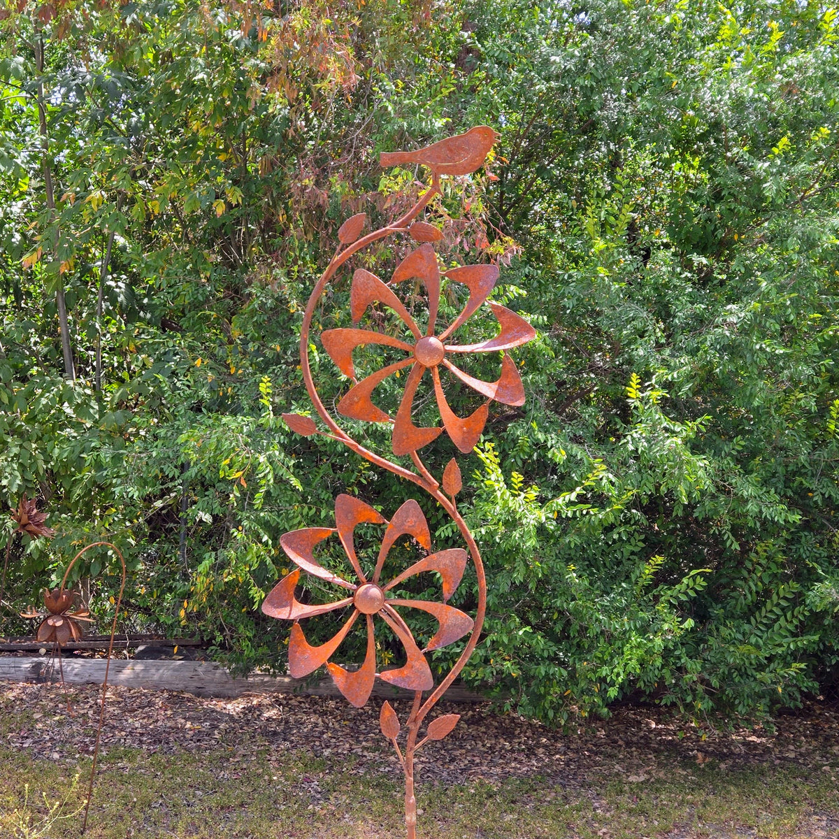 Rustic Metal Bird & Flower Wind Spinner