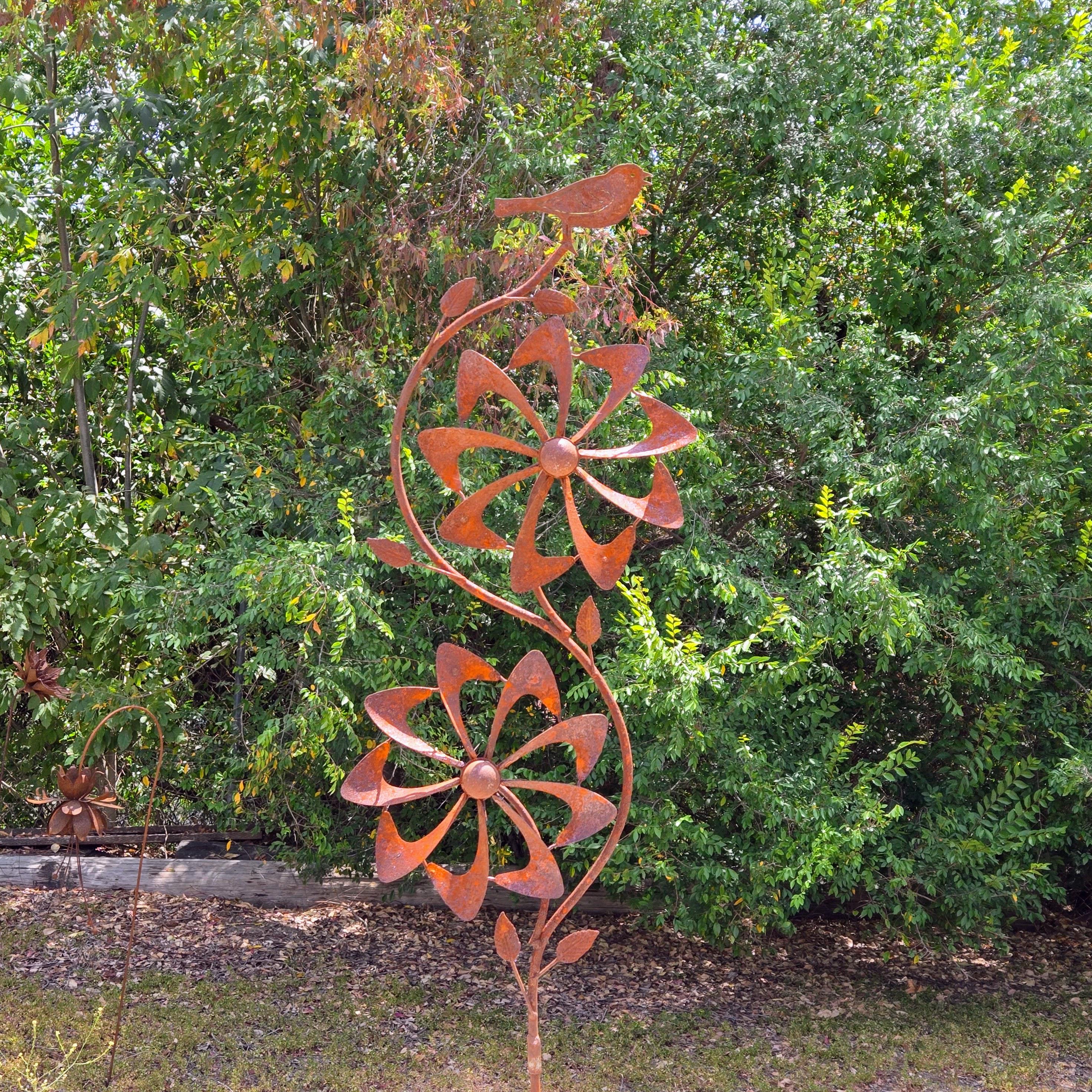 Rustic Metal Bird & Flower Wind Spinner: Weatherproof Garden Stake