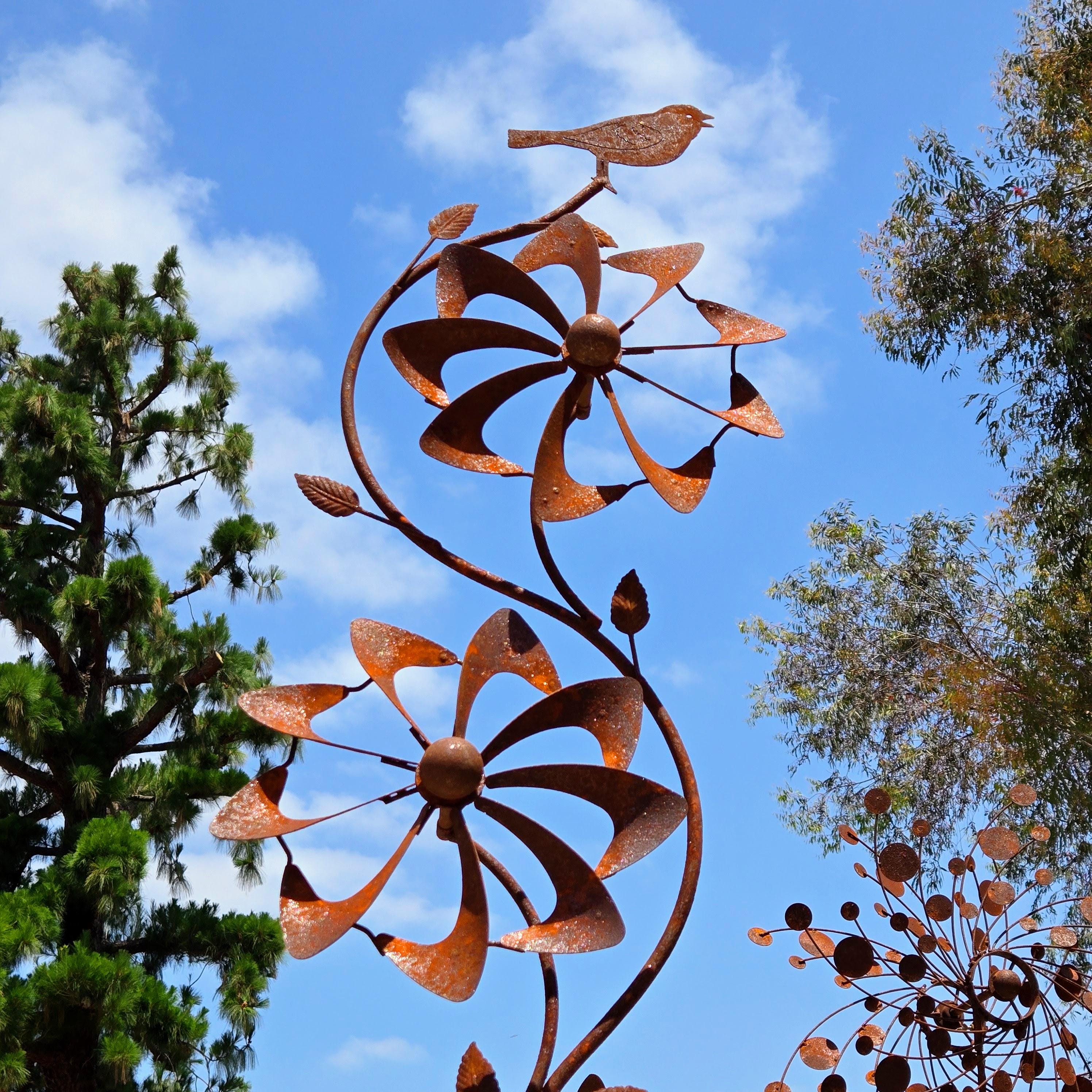 Rustic Metal Bird & Flower Wind Spinner: Weatherproof Garden Stake