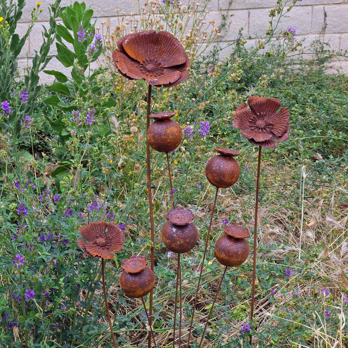 Set of 3 Rustic Metal Poppy Garden Stakes – Yard Art, Weathered Steel Lawn Decor
