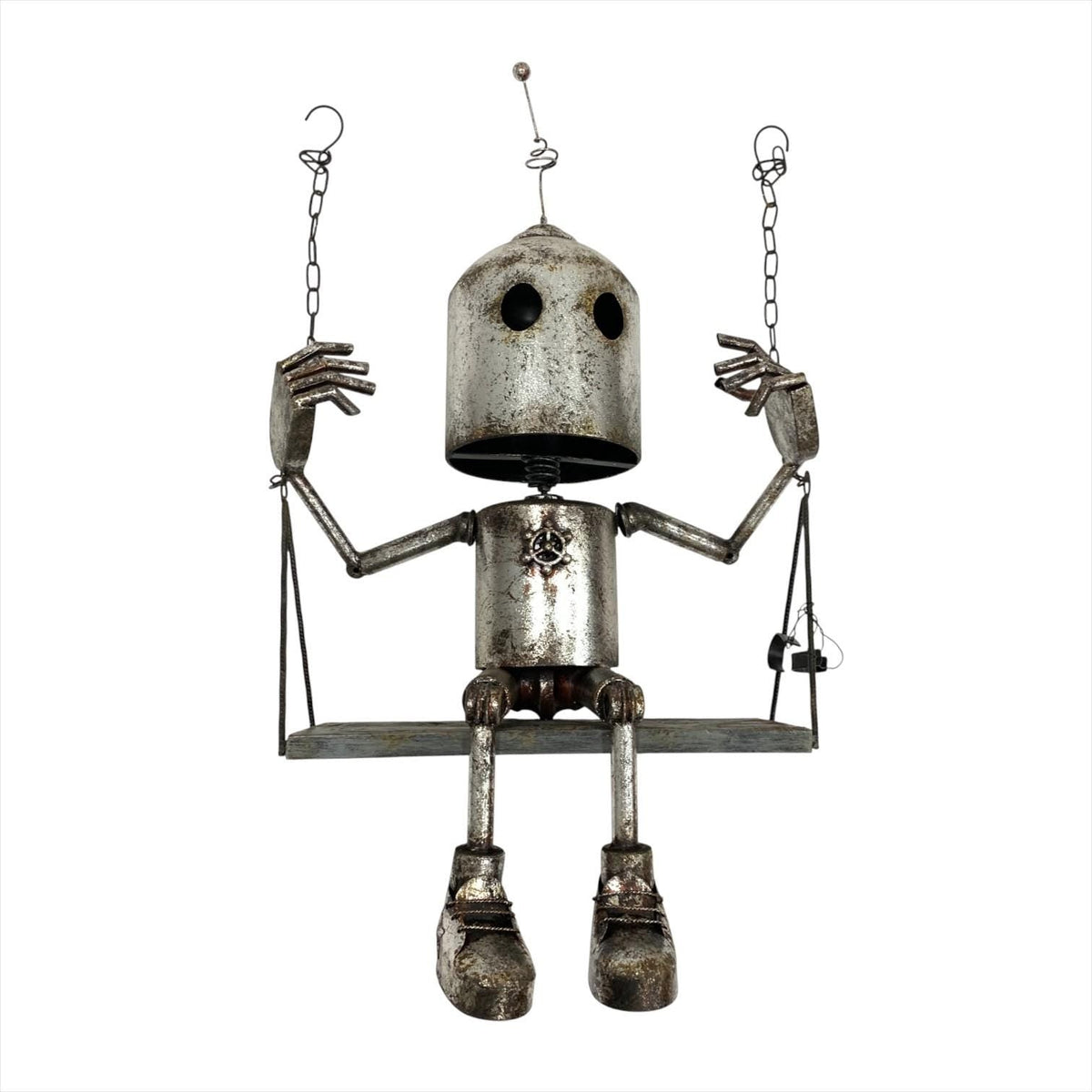 Rustic Metal Robot Swing Sculpture – Industrial Garden Art Hanging Robot Decor