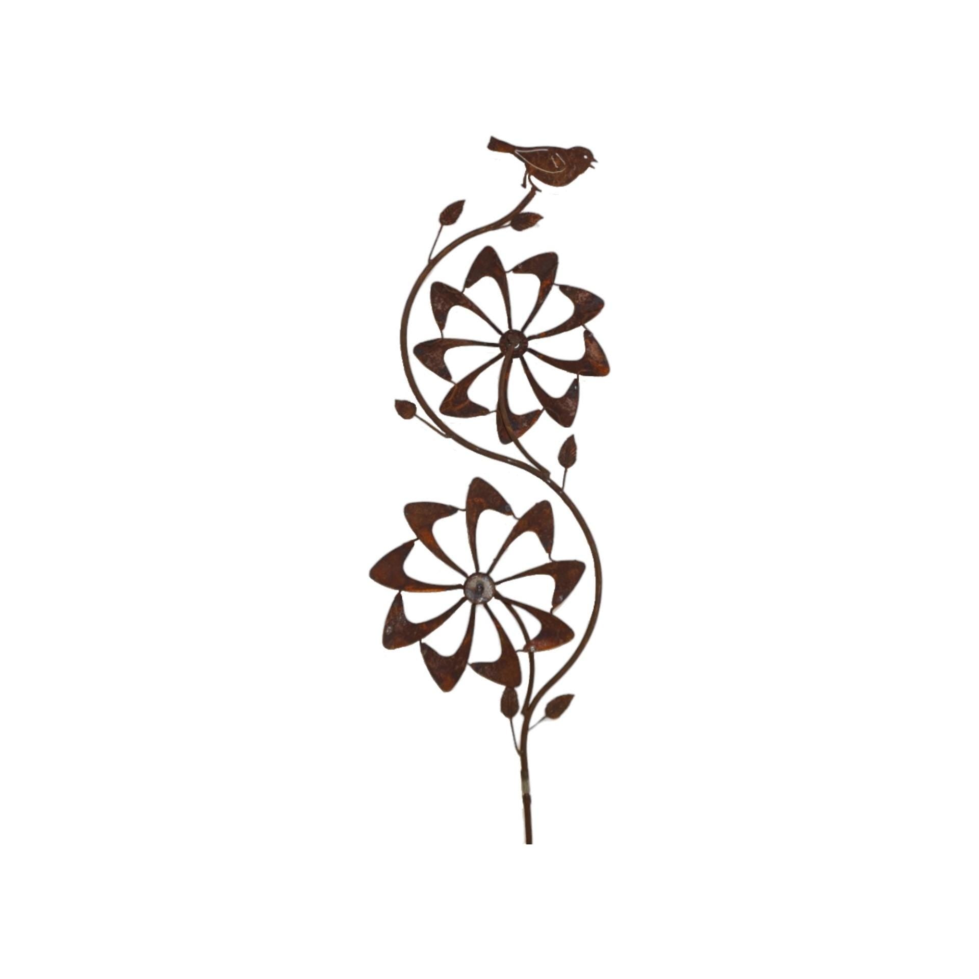 Rustic Metal Bird & Flower Wind Spinner: Weatherproof Garden Stake