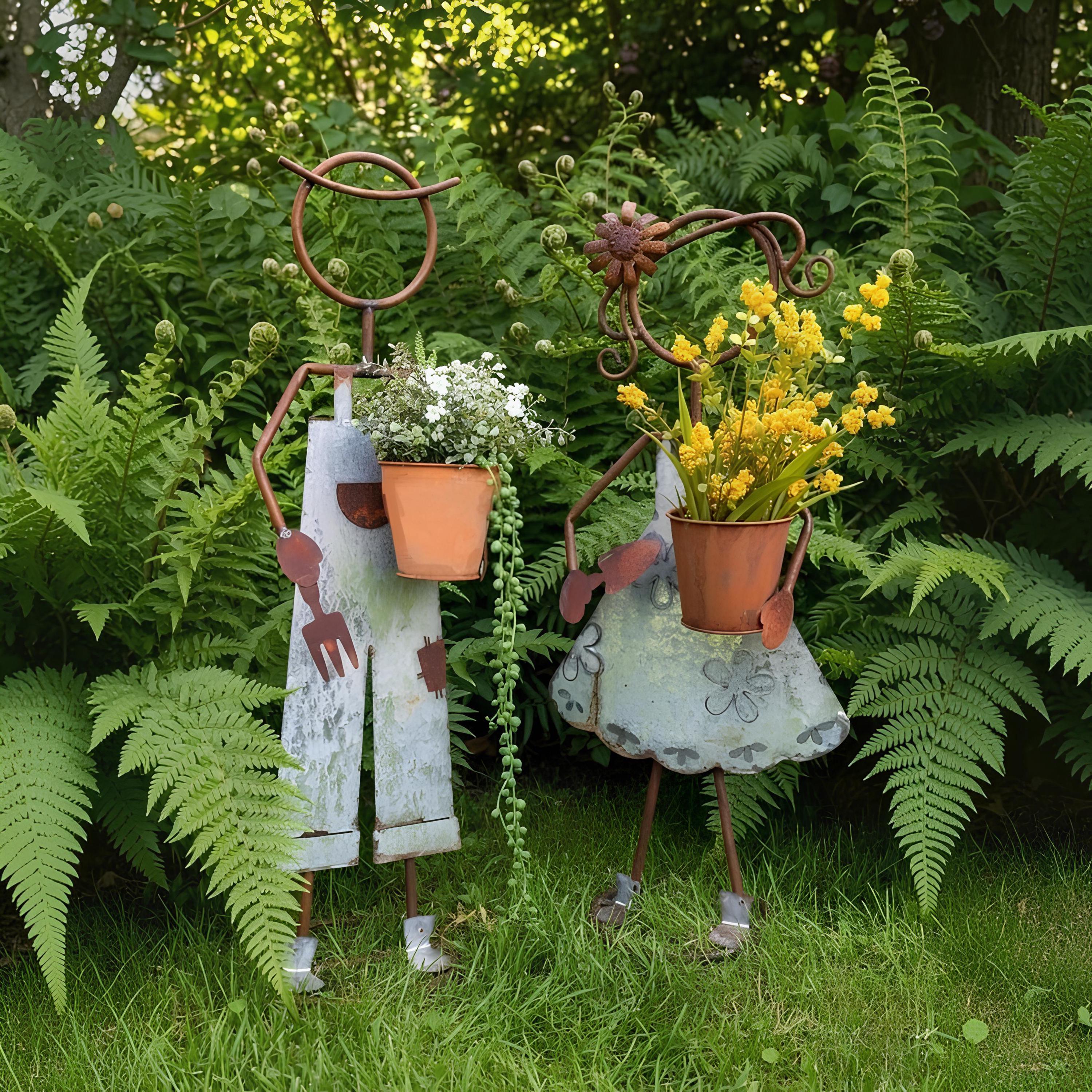32"H Rustic Metal Garden Statues: Handcrafted Boy & Girl Sculpture Set